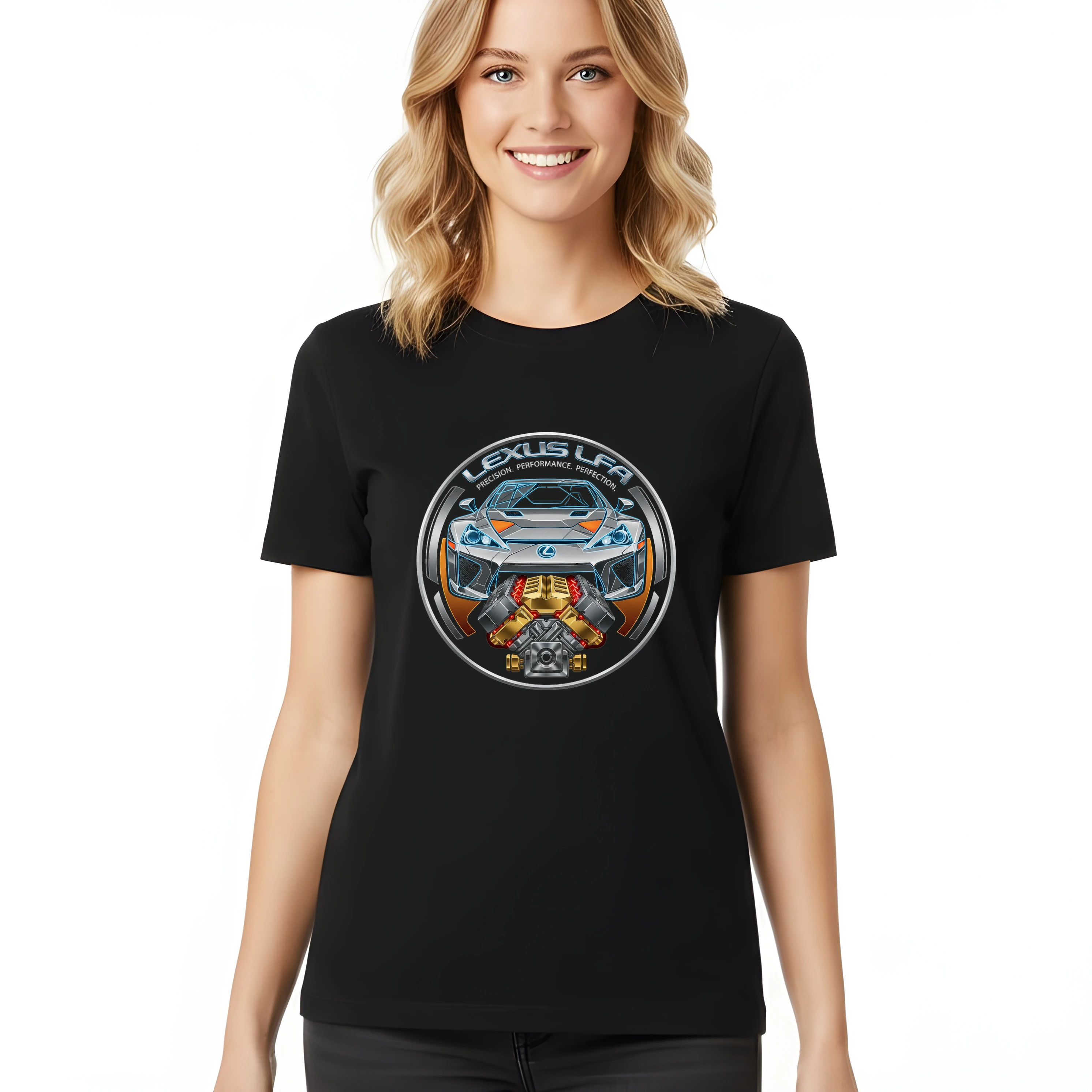 woman_tshirt_black_Lexus_Lfa_Přesnost_Výkon_A_Zlaté_Srdce_V10_Dokonalost_Na_Silnici_Black