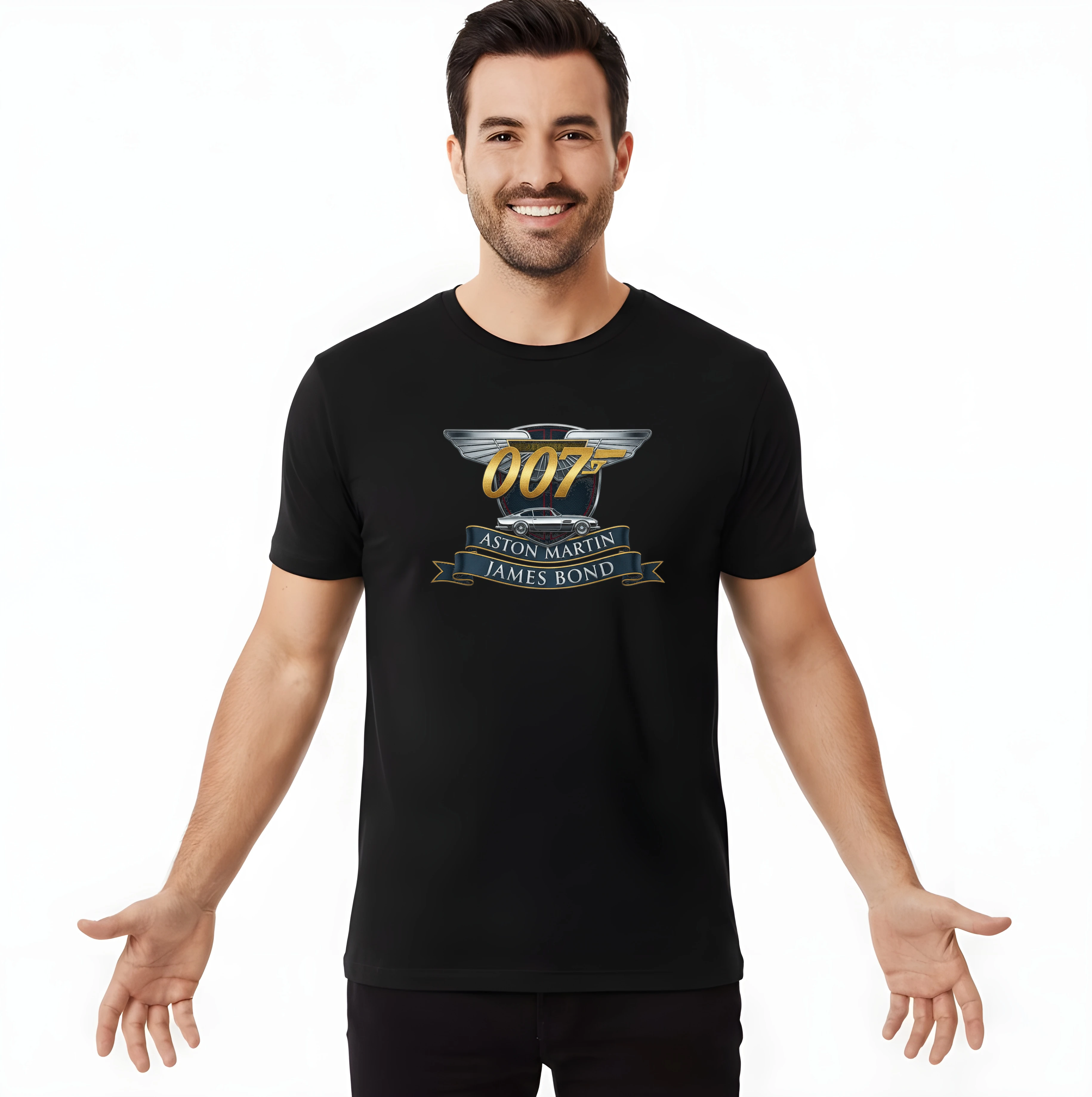 men_tshirt_black_Nadčasová_Zlatá_Elegance_Aston_Martin_James_Bond_Klasická_Špionážní_Ikona_Black_uptop