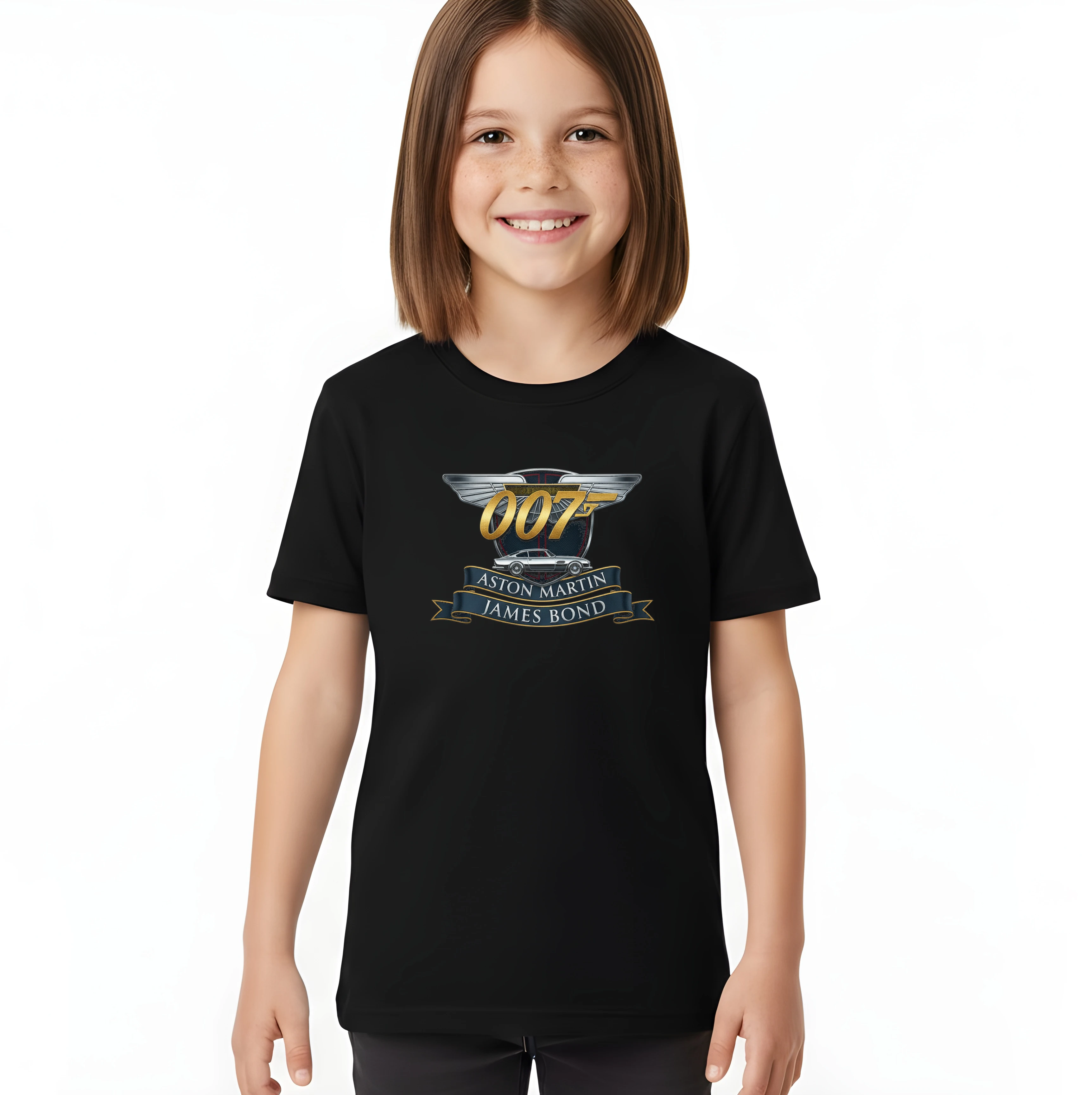 kids_tshirt_black_Nadčasová_Zlatá_Elegance_Aston_Martin_James_Bond_Klasická_Špionážní_Ikona_Black_uptop