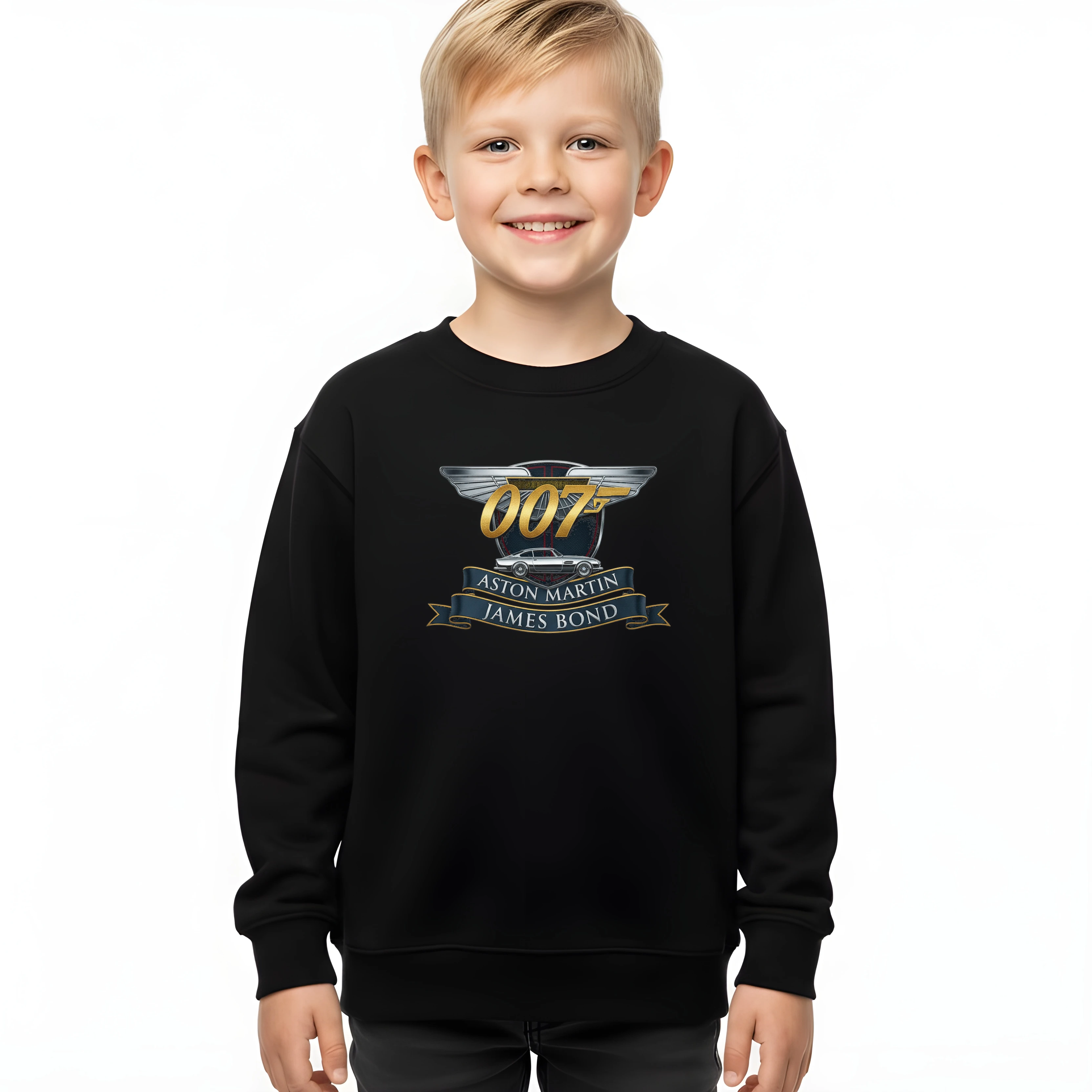 kids_sweatshirt_black_Nadčasová_Zlatá_Elegance_Aston_Martin_James_Bond_Klasická_Špionážní_Ikona_Black_uptop