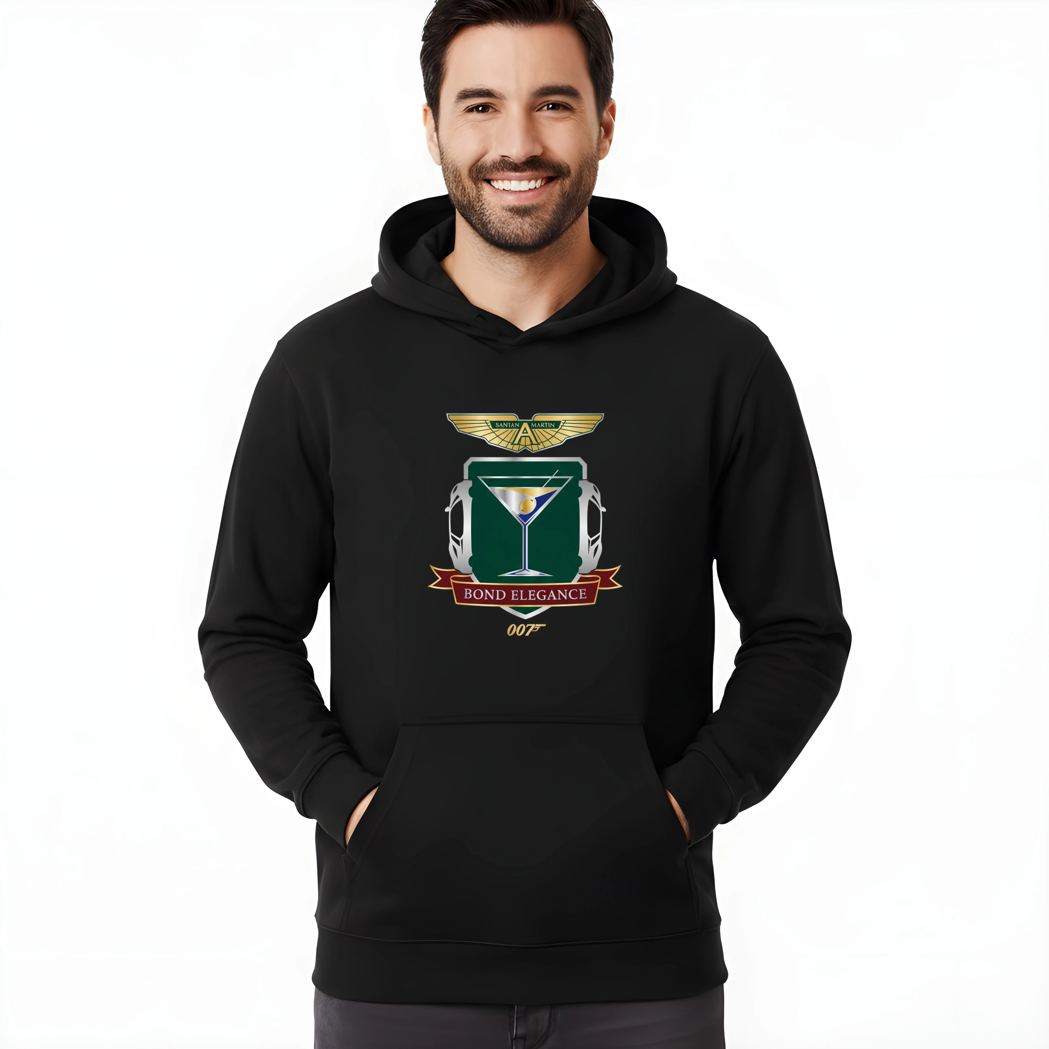 hoodie_black_Ušlechtilá_Elegance_Aston_Martin_Bond_007_Martini_Šarm_A_Rychlost_Black
