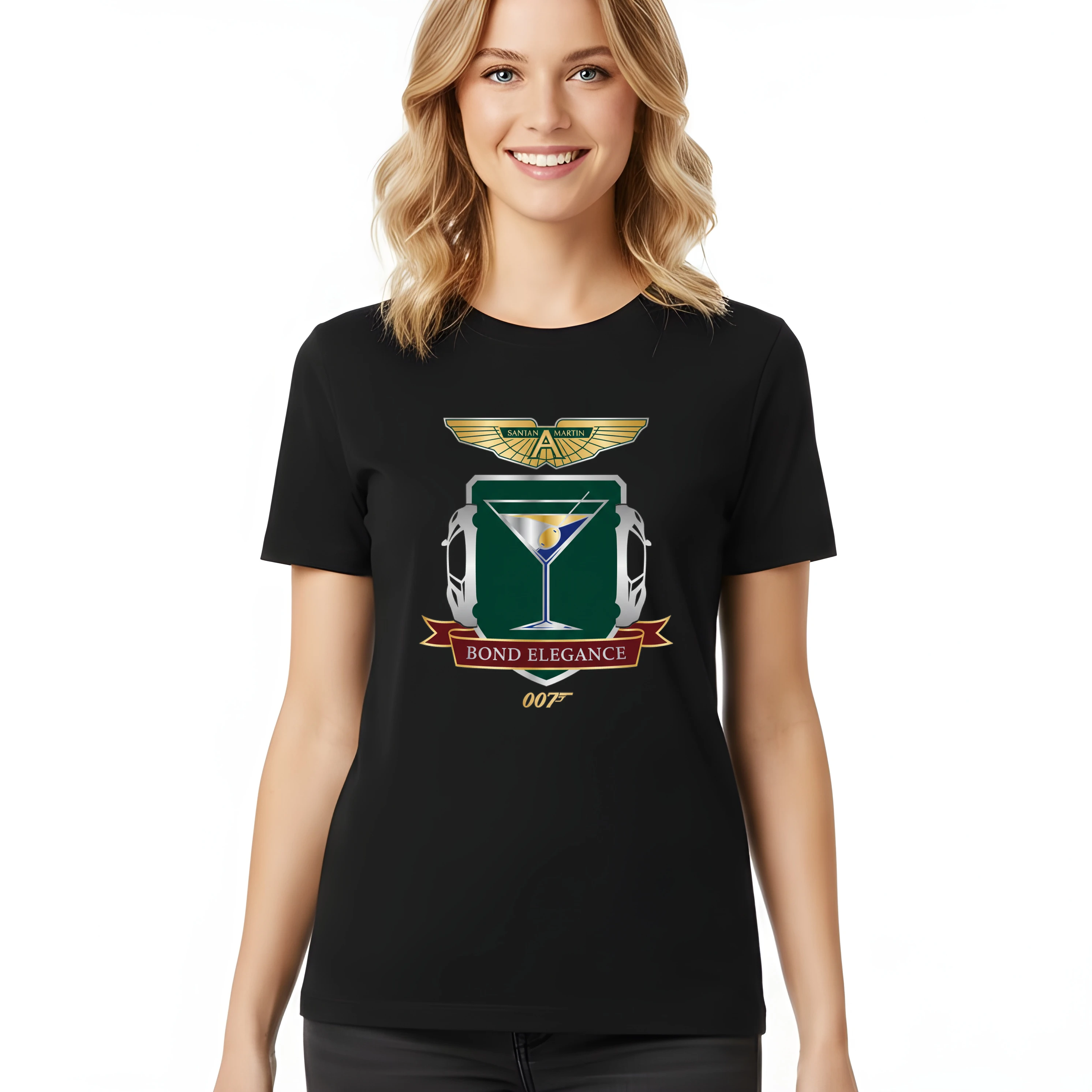 woman_tshirt_black_Ušlechtilá_Elegance_Aston_Martin_Bond_007_Martini_Šarm_A_Rychlost_Black