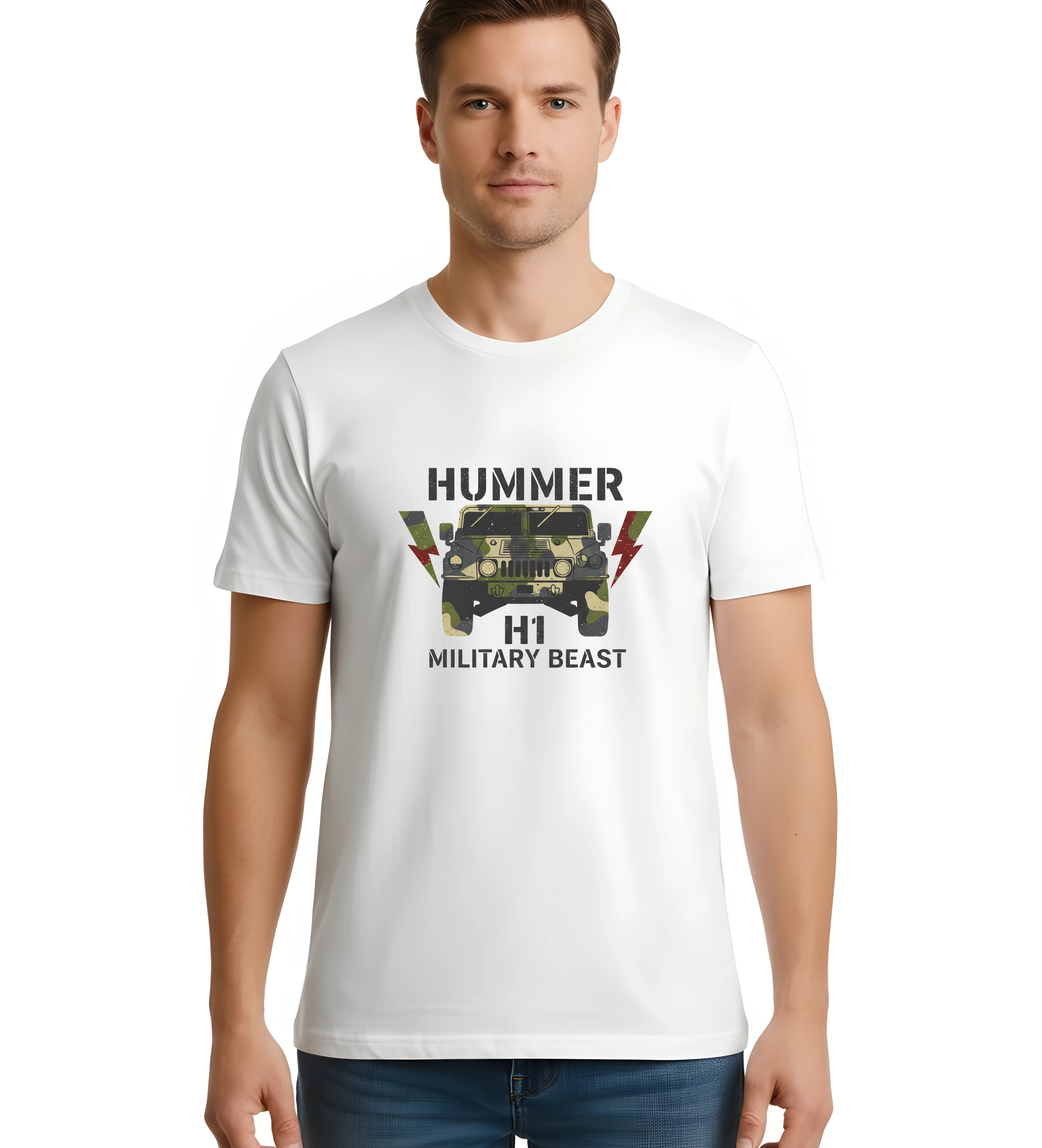men_tshirt_white_Hummer_H1_Armádní_Maskování_Divoký_Terénní_Výkon_A_Nezastavitelná_Síla_White