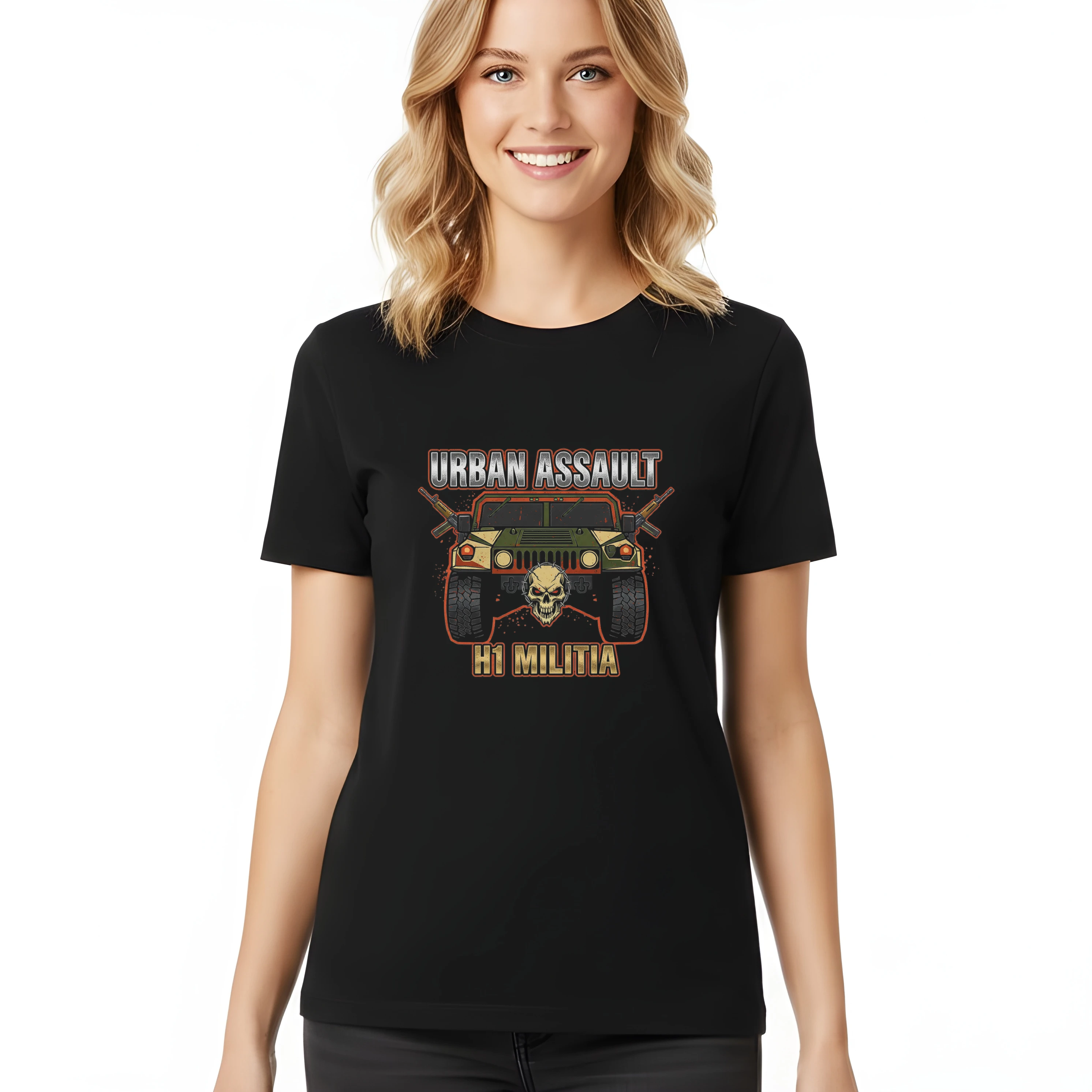 woman_tshirt_black_Městská_Obrněná_Bestie_Urban_Assault_H1_Militia_V_Akci_Black