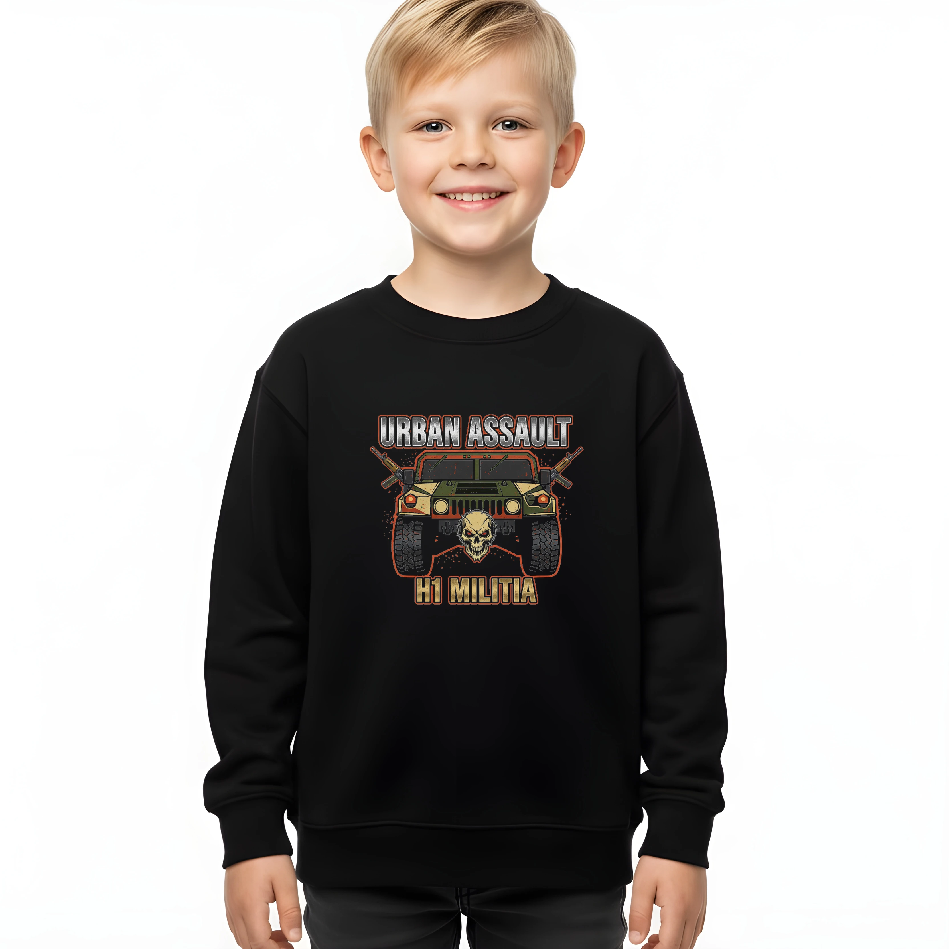 kids_sweatshirt_black_Městská_Obrněná_Bestie_Urban_Assault_H1_Militia_V_Akci_Black