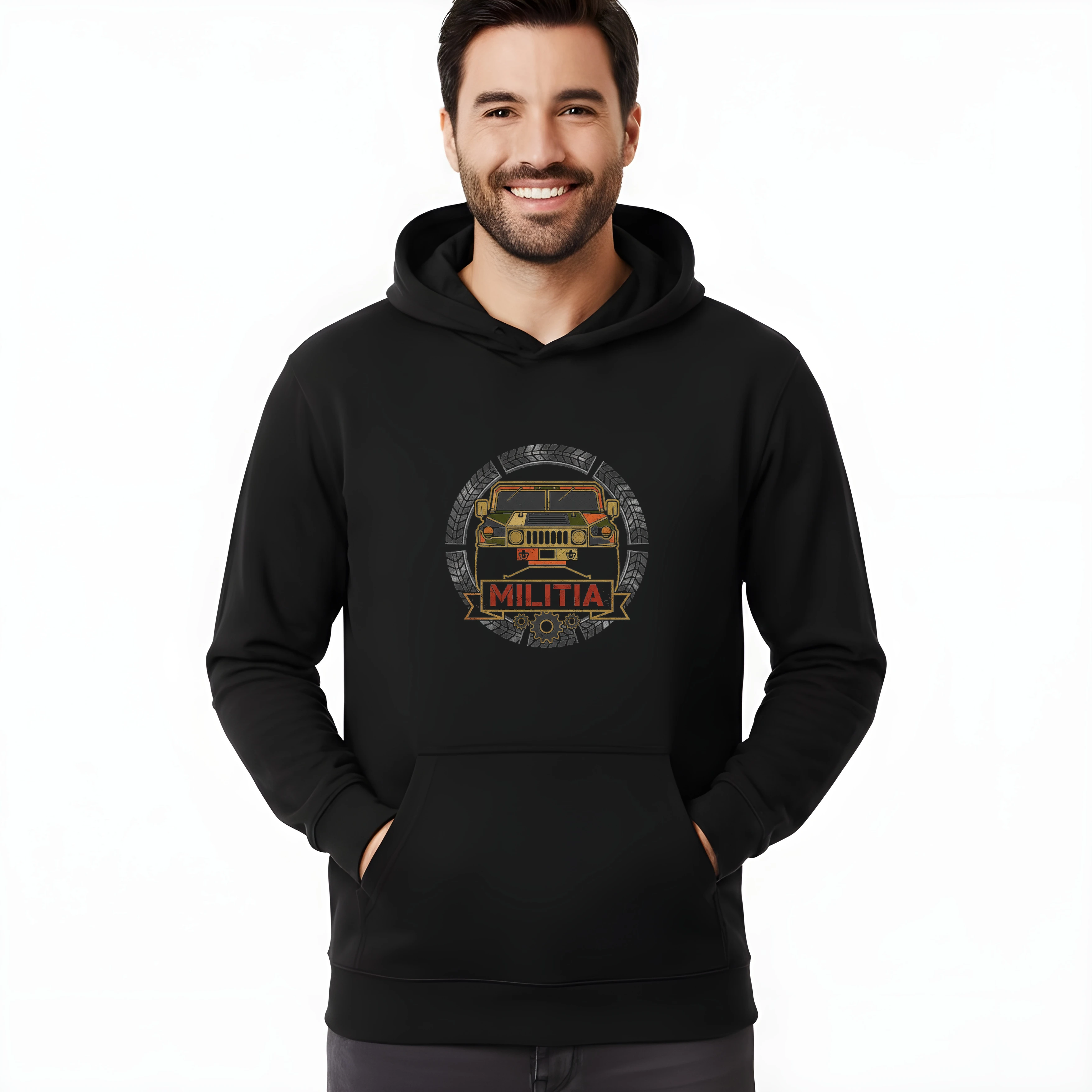 hoodie_black_Hummer_H1_Militia_Militární_Bestie_Offroad_V_Kruhu_Pneumatik_A_Ozubených_Kol_Black
