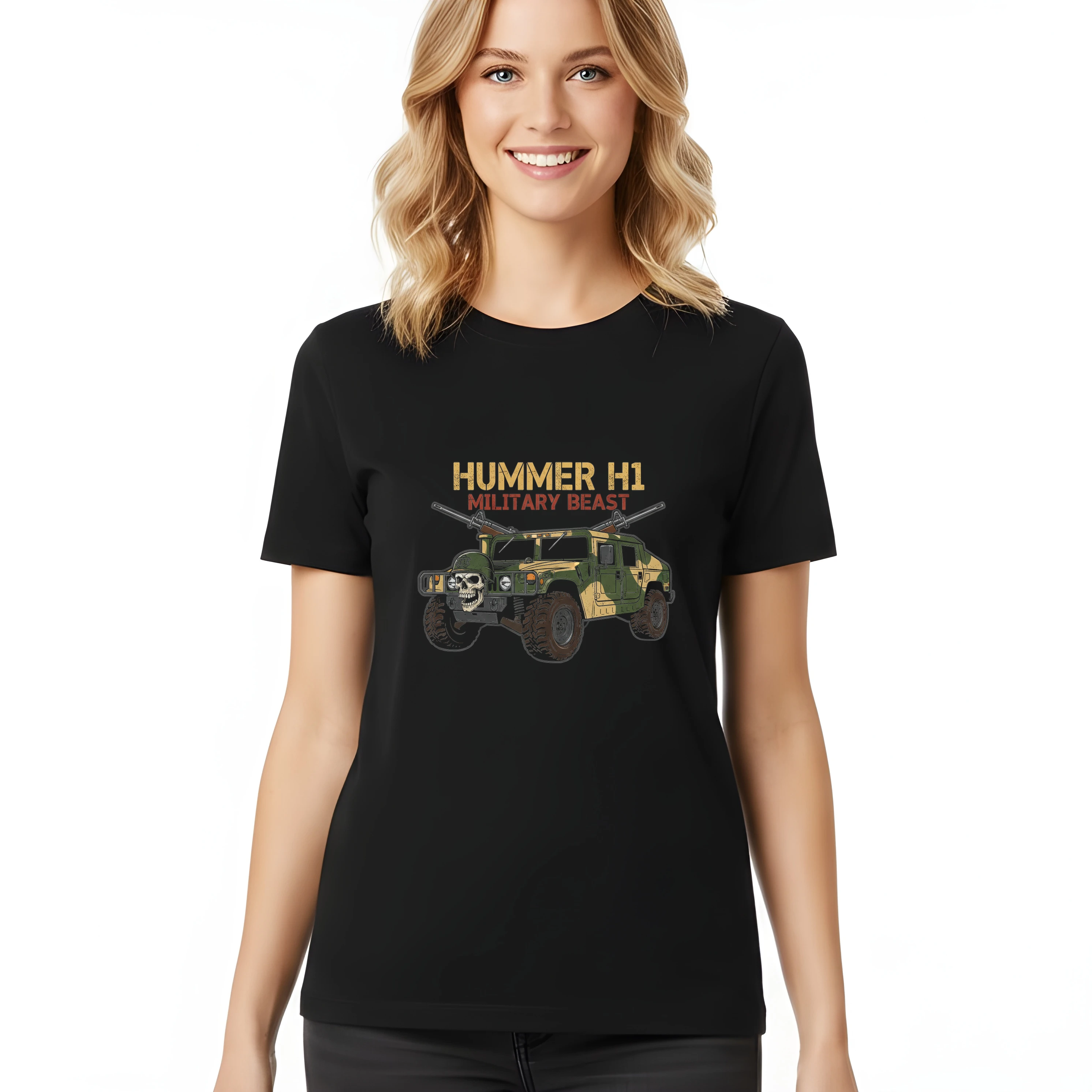 woman_tshirt_black_Hummer_H1_Vojenské_Monstrum_S_Lebkou_Maskováním_A_Těžkými_Kulomety_Black