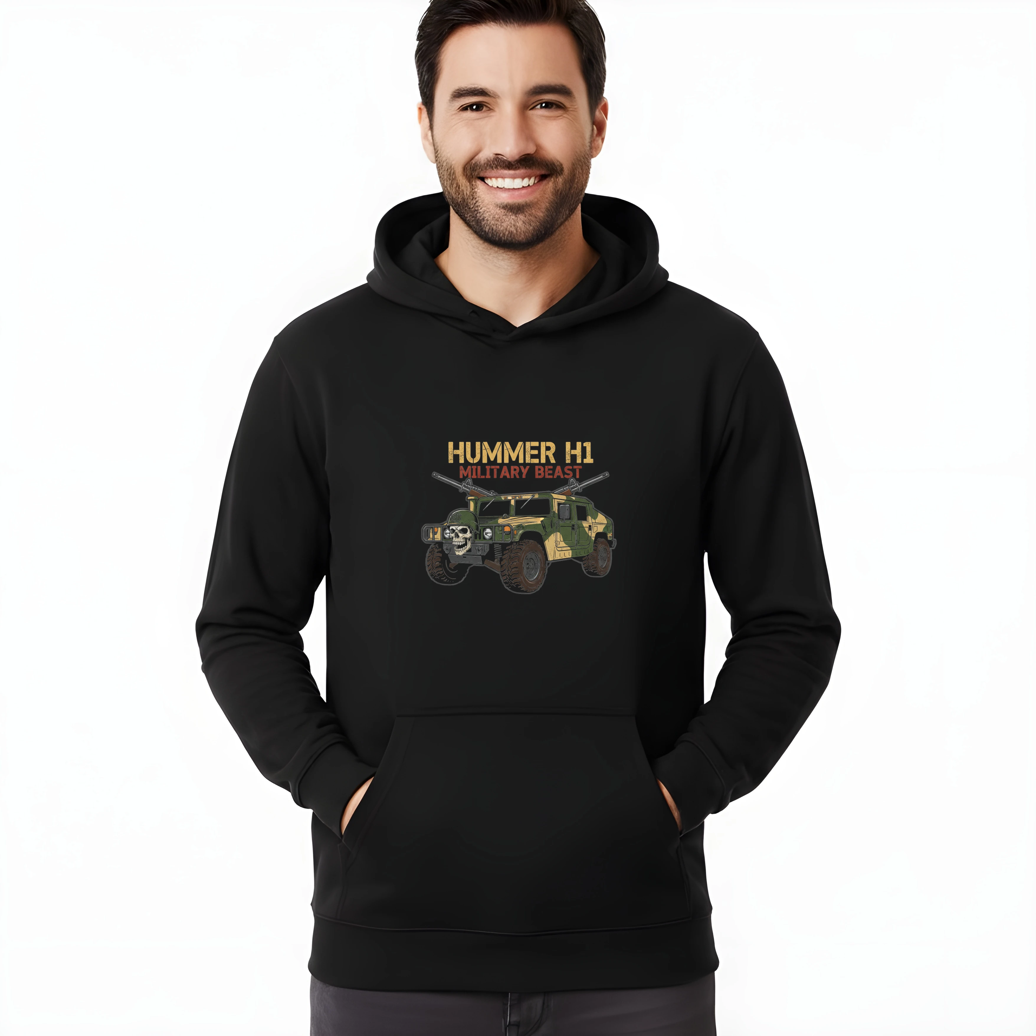 hoodie_black_Hummer_H1_Vojenské_Monstrum_S_Lebkou_Maskováním_A_Těžkými_Kulomety_Black