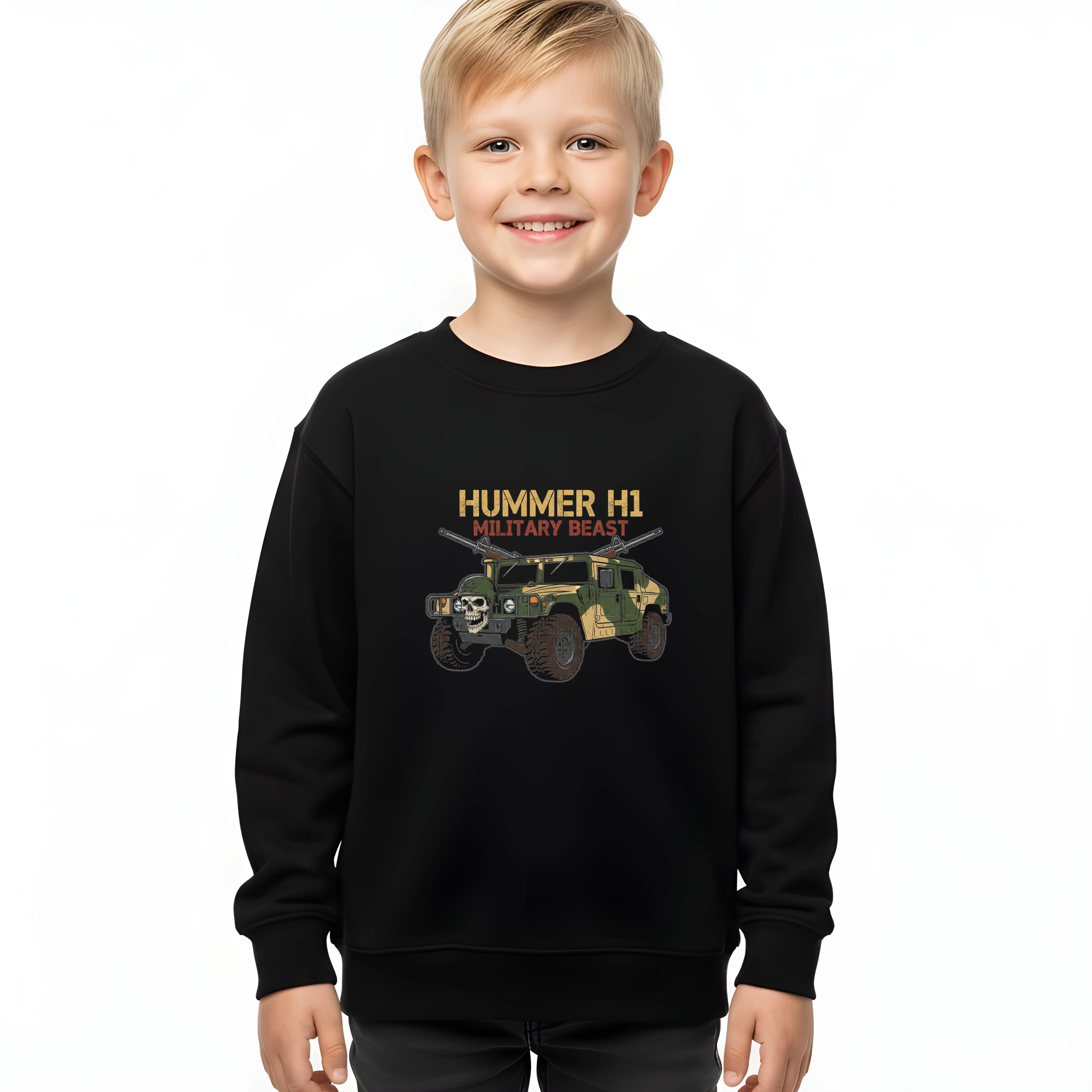 kids_sweatshirt_black_Hummer_H1_Vojenské_Monstrum_S_Lebkou_Maskováním_A_Těžkými_Kulomety_Black