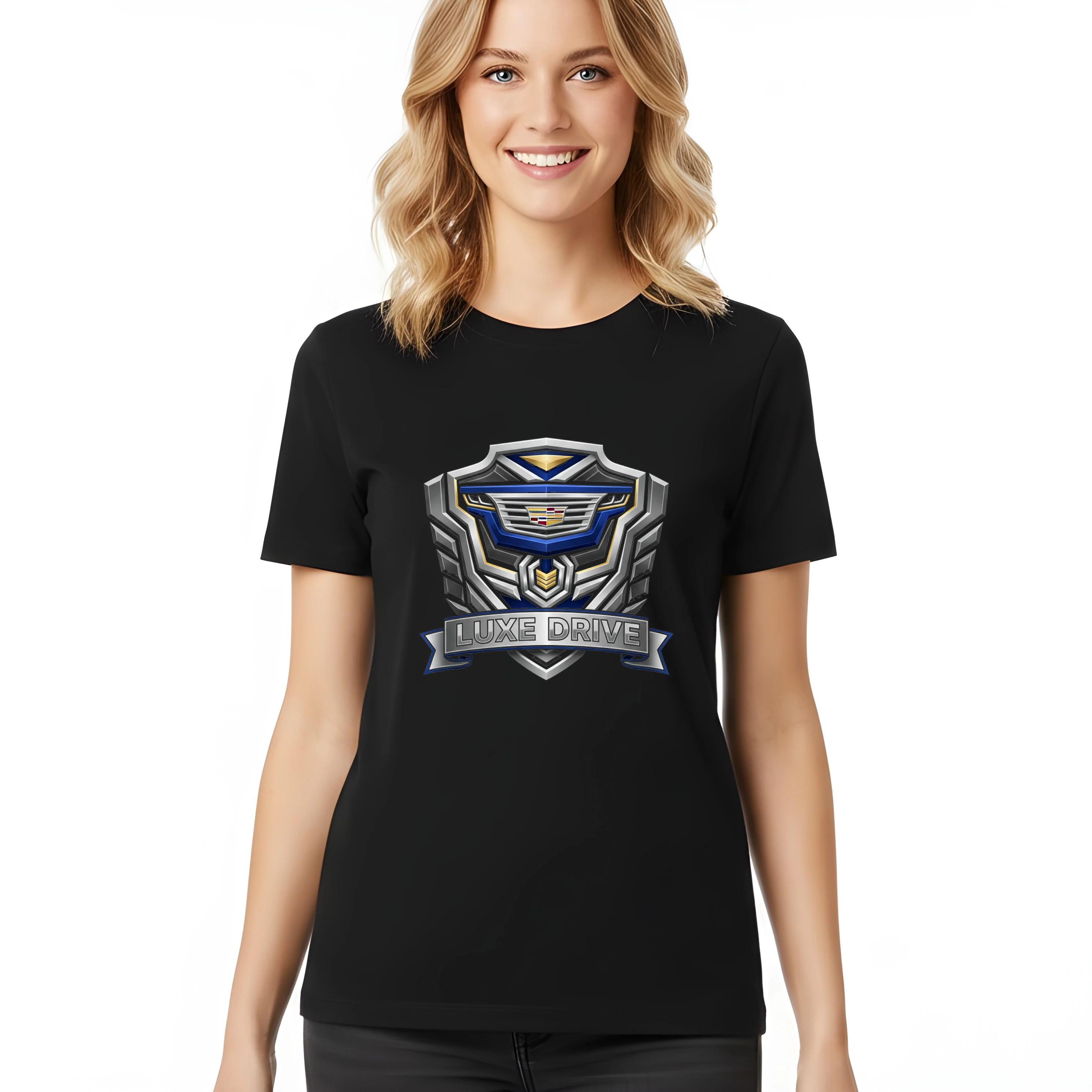 woman_tshirt_black_Štít_Prémiového_Luxusu_Síla_Elegance_A_Styl_Luxe_Drive_Black