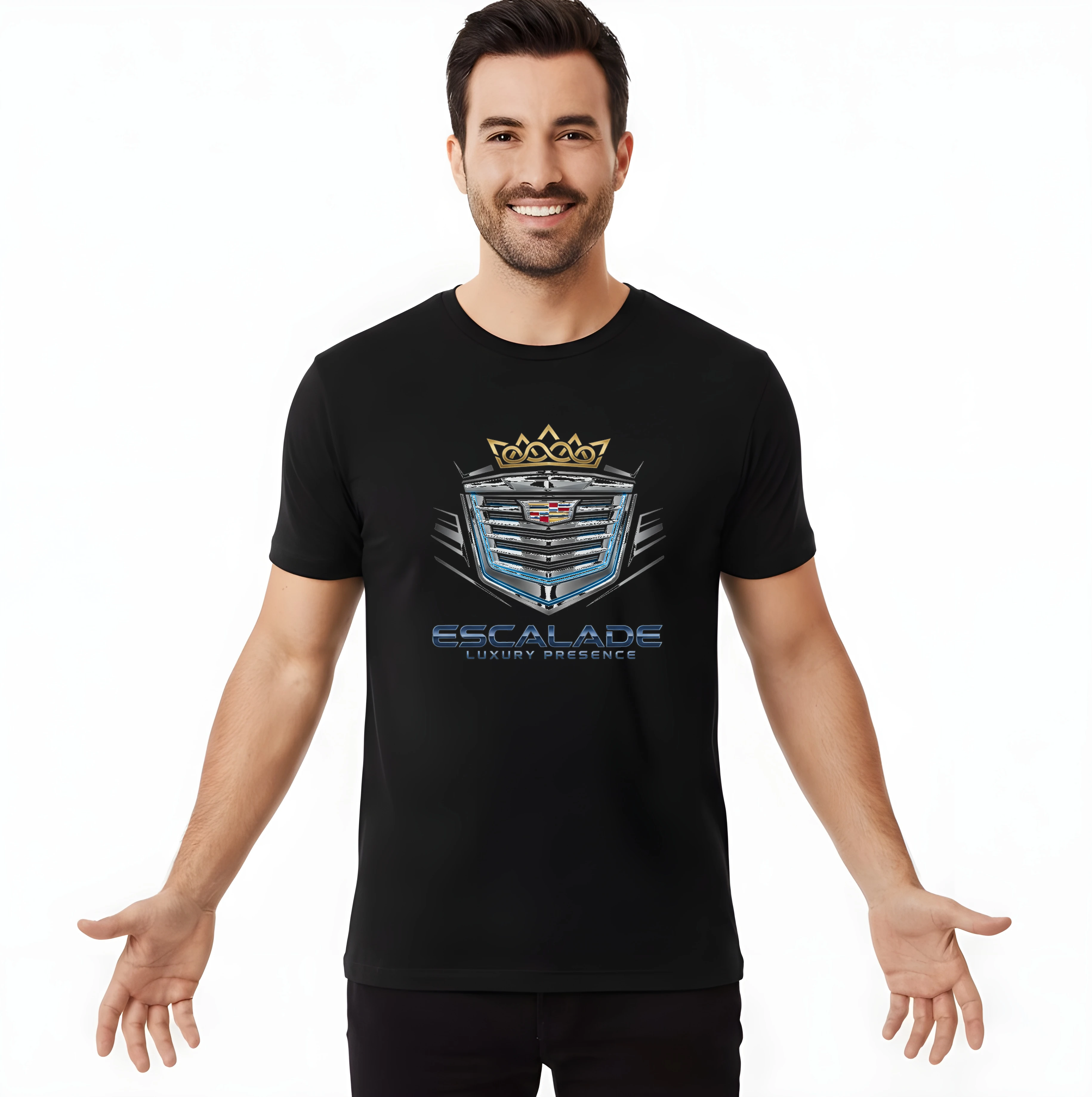 men_tshirt_black_Královská_Přítomnost_Escalade_Luxusní_Stříbrný_Štít_A_Zlatá_Koruna_Black