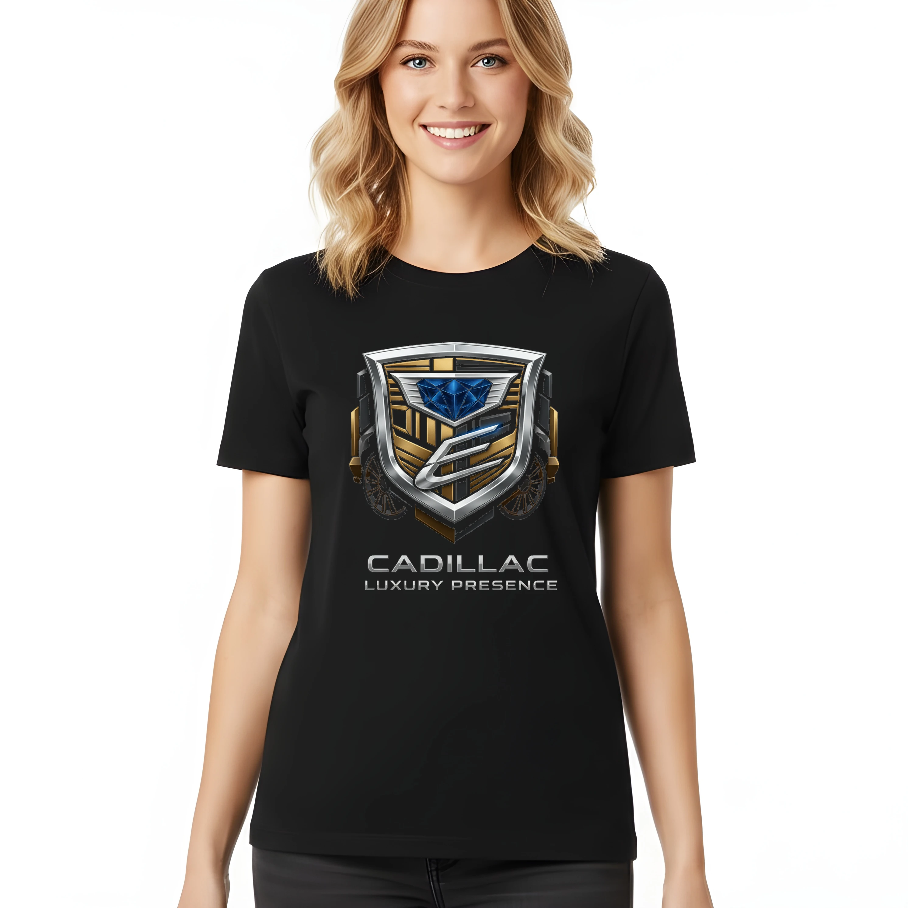 woman_tshirt_black_Cadillac_Emblém_Královského_Lesku_A_Luxusní_Přítomnosti_Na_Silnici_Black
