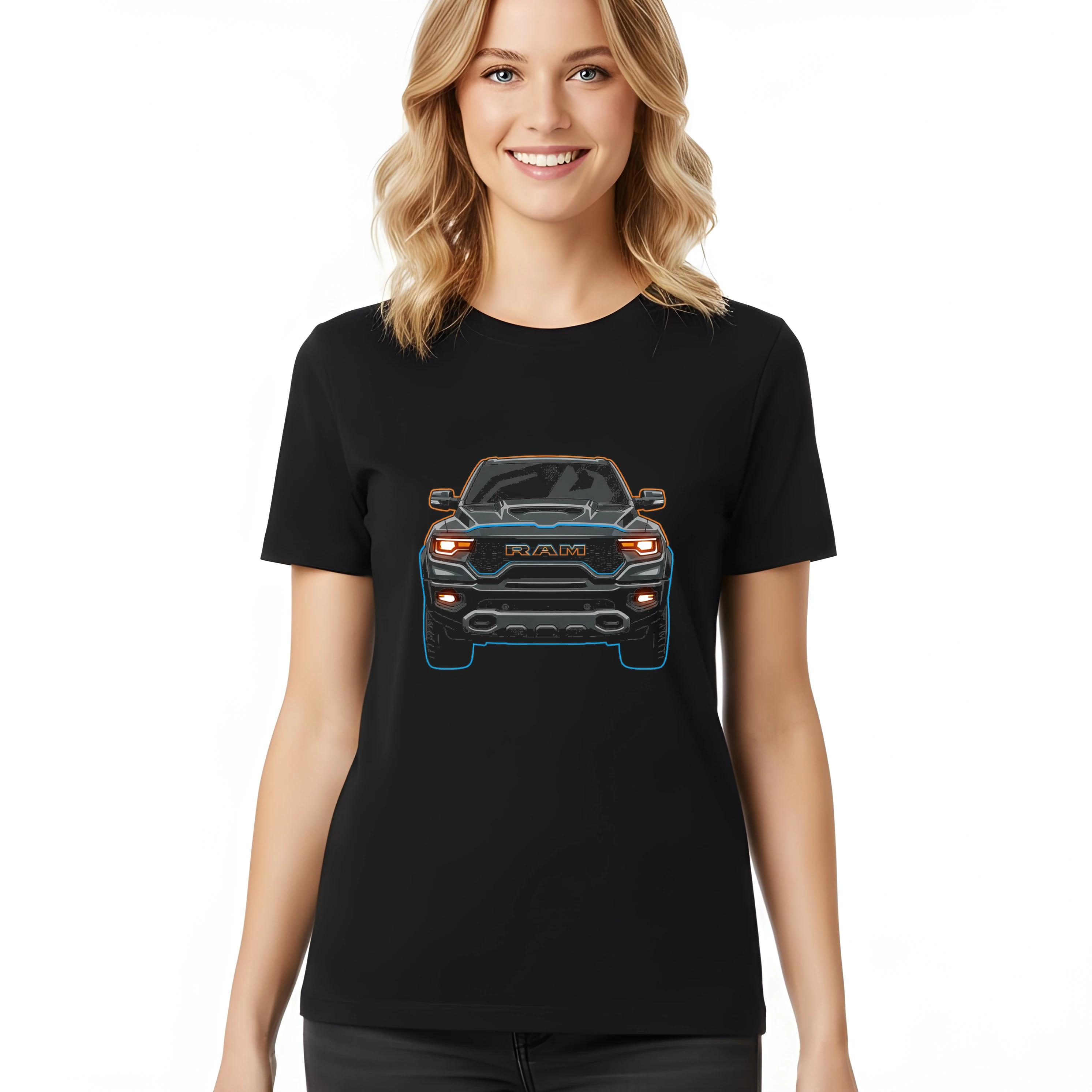 woman_tshirt_black_Ram_Trx_Noční_Šelma_Elektrizující_Neonová_Silueta_Black