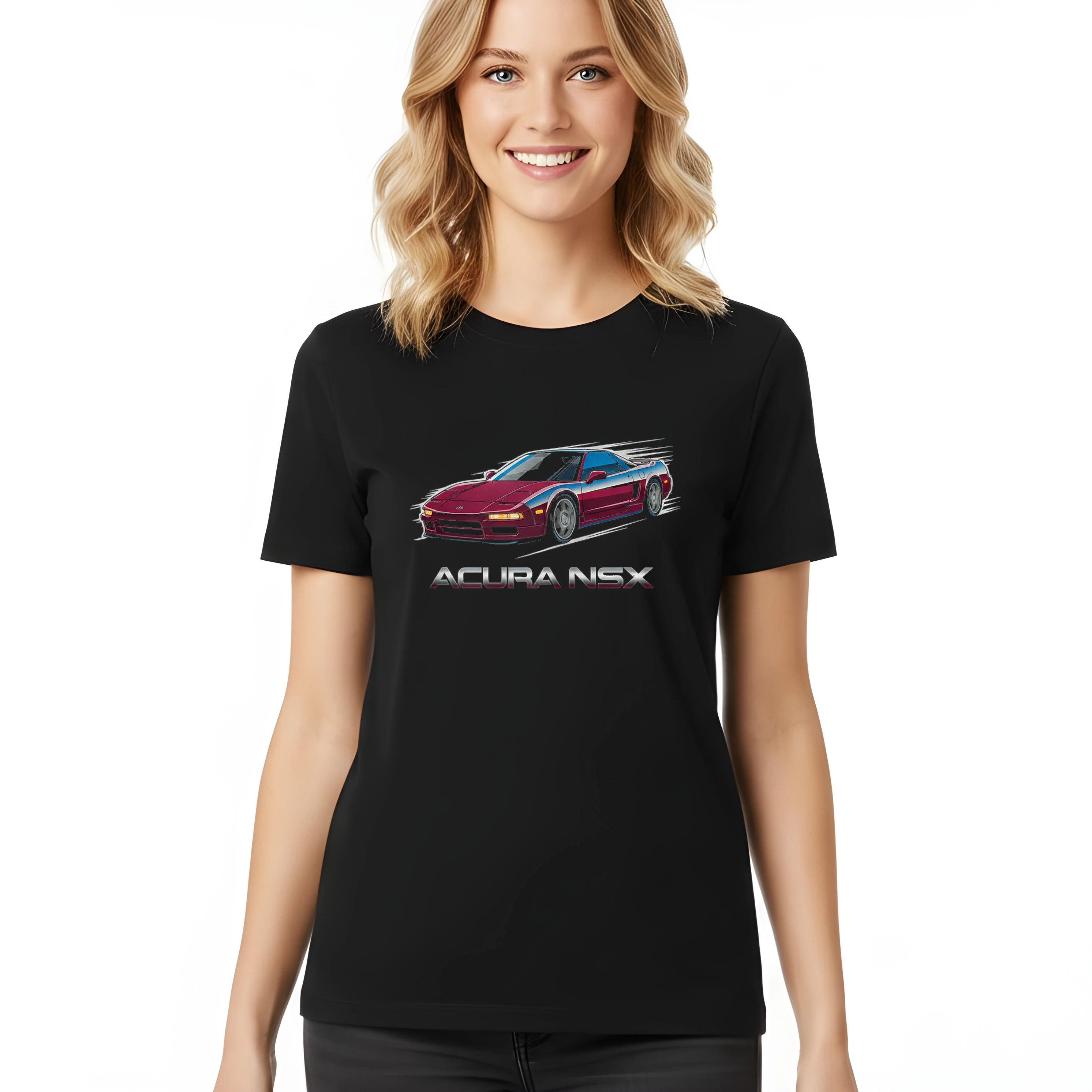 woman_tshirt_black_Retro_Japonská_Rychlost_A_Elegance_Acura_Nsx__Dokonalý_Závodní_Sen_Black_uptop