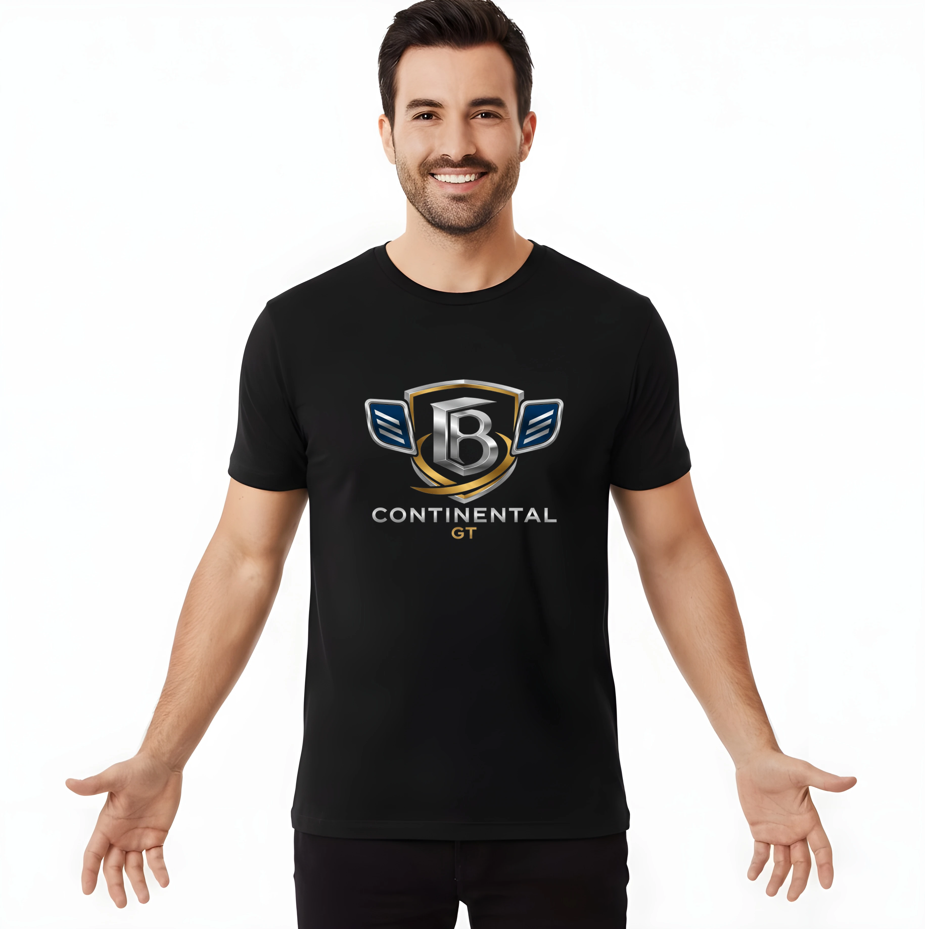 men_tshirt_black_Luxusní_Symbol_Continental_Gt_Zlatý_Štít_A_Křídla_Black