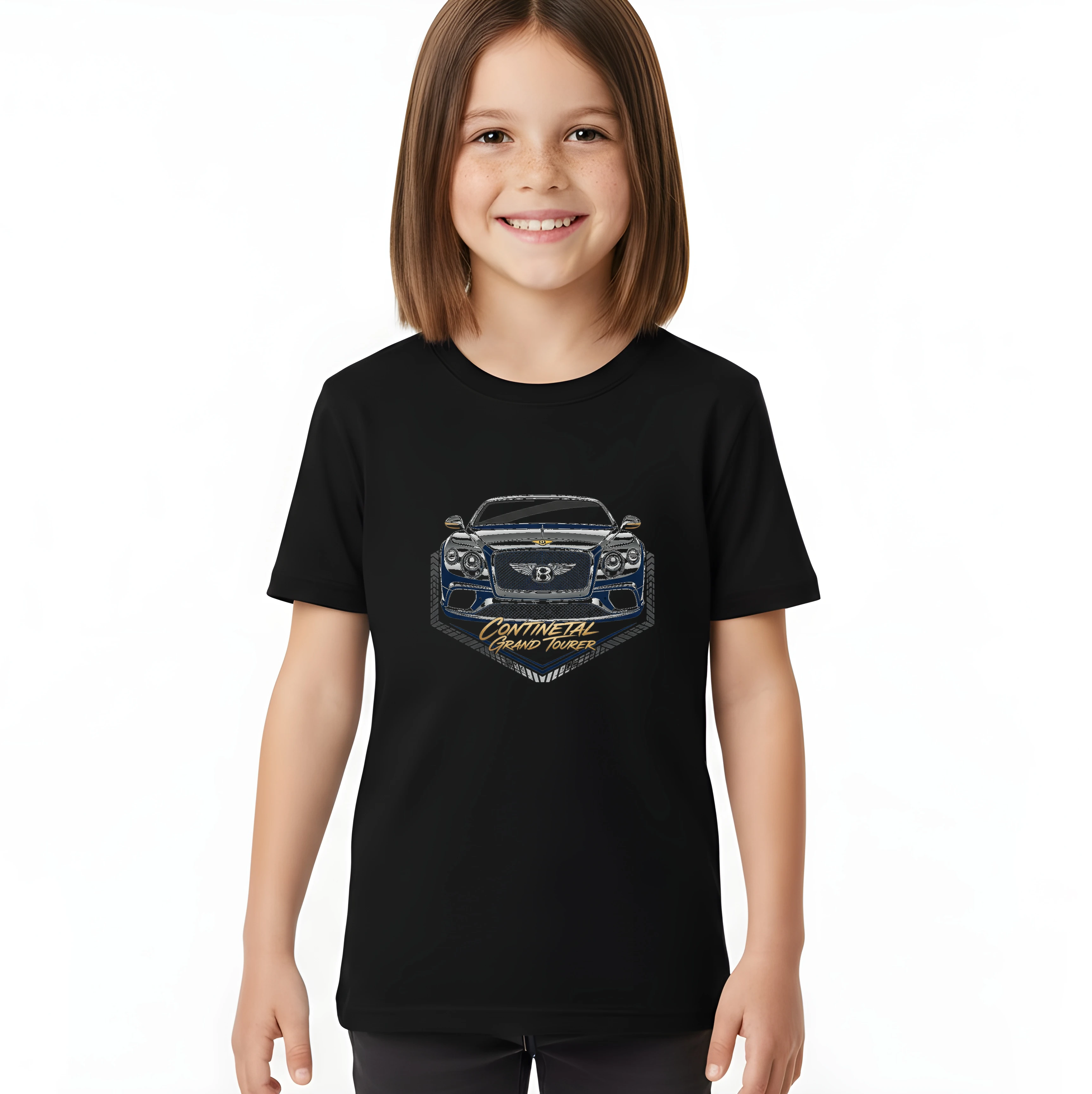 kids_tshirt_black_Královská_Jízda_Bentley_Continental_Grand_Tourer_V_Zlatém_Tónu_Black