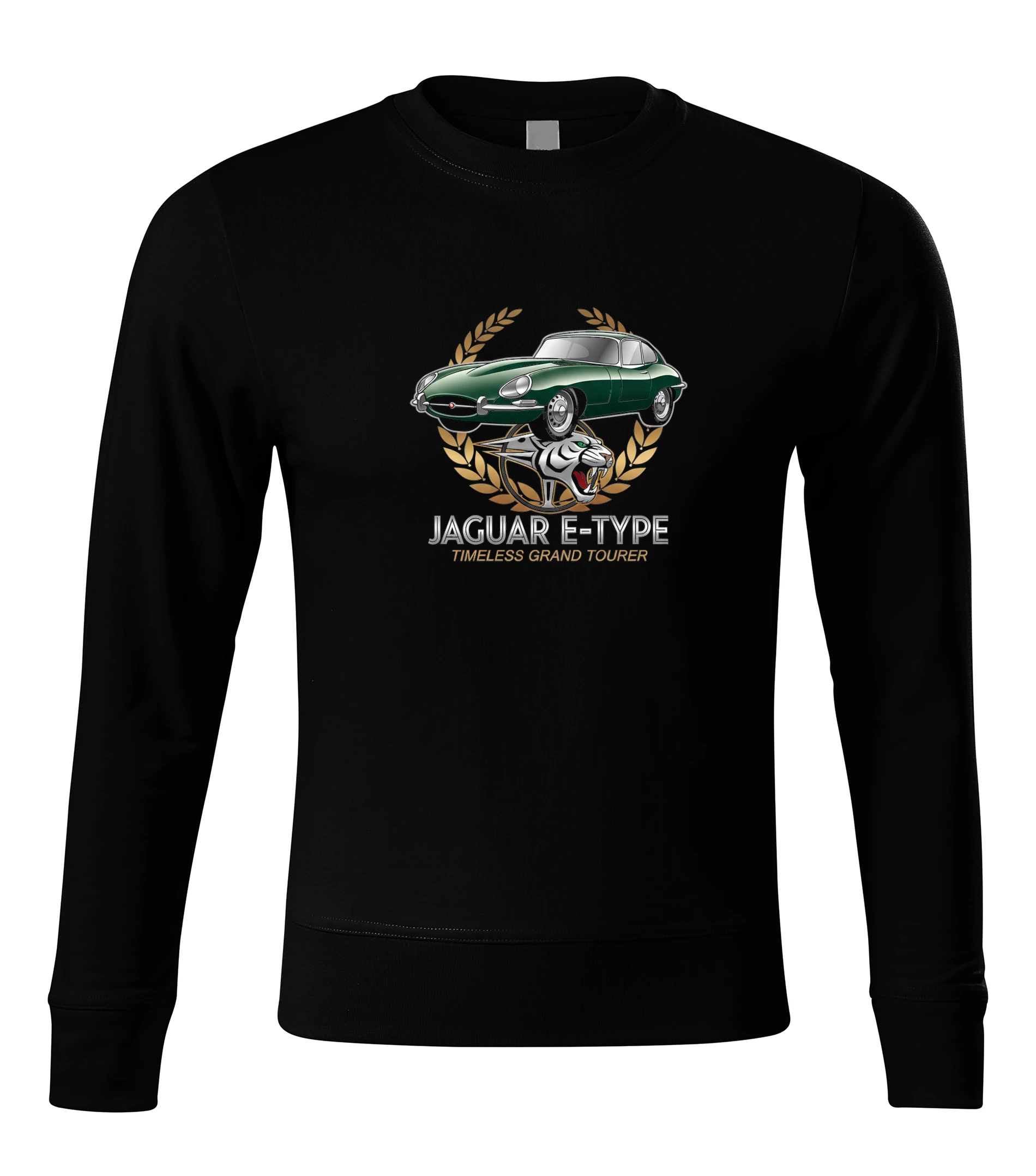 sweatshirt_black_Jaguar_Etype_Nadčasová_Ikona_Zelená_Klasika_A_Divoký_Šarm_Black