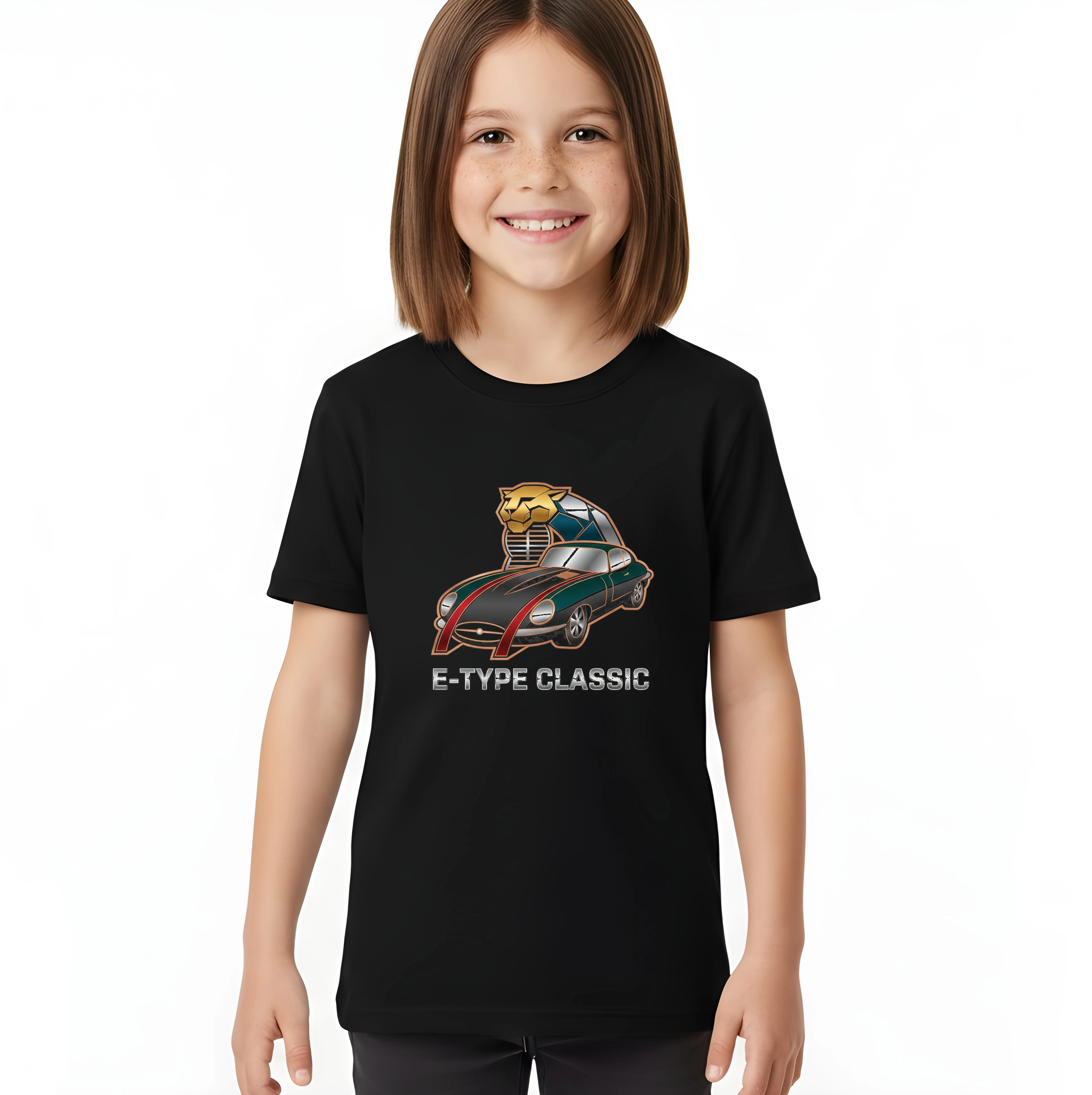 kids_tshirt_black_Etype_Classic_Jaguarův_Zlatý_Gepard_Klasická_Krása_A_Síla_Black