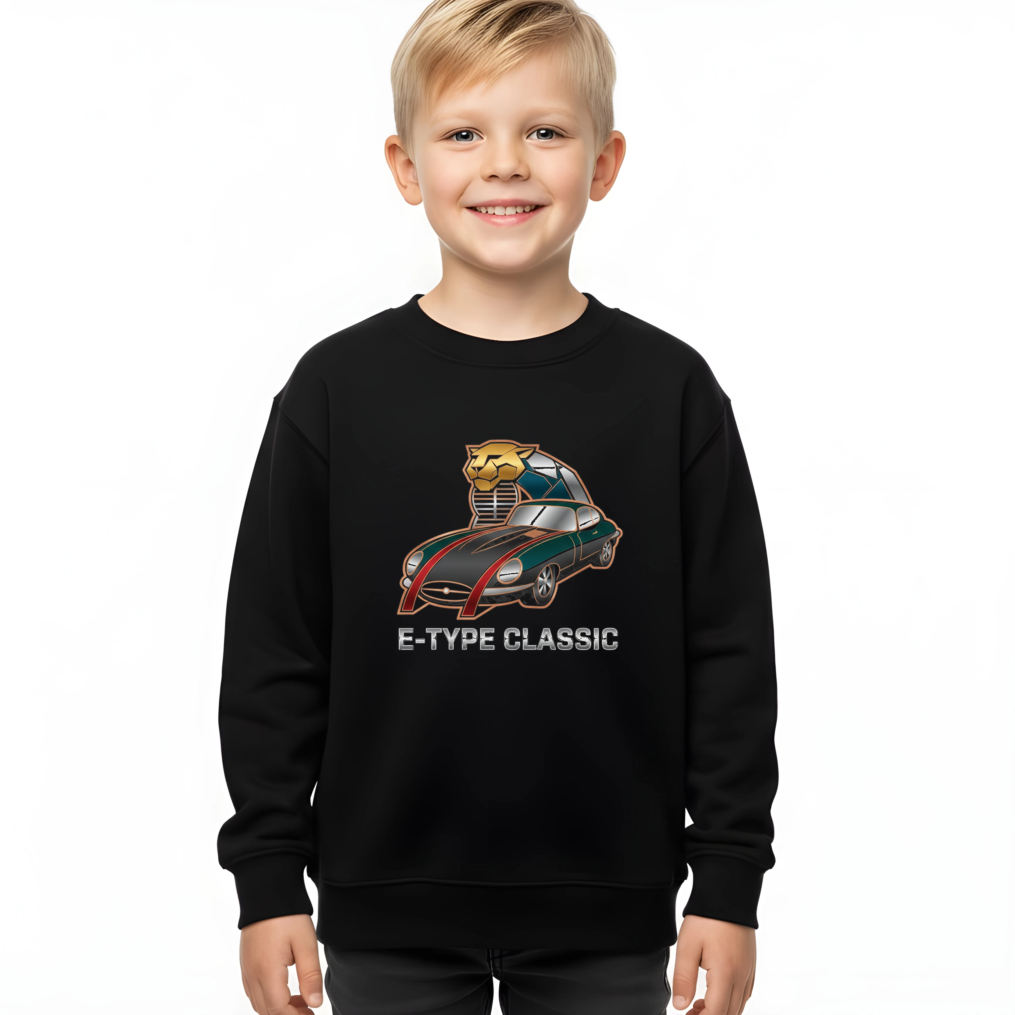 kids_sweatshirt_black_Etype_Classic_Jaguarův_Zlatý_Gepard_Klasická_Krása_A_Síla_Black