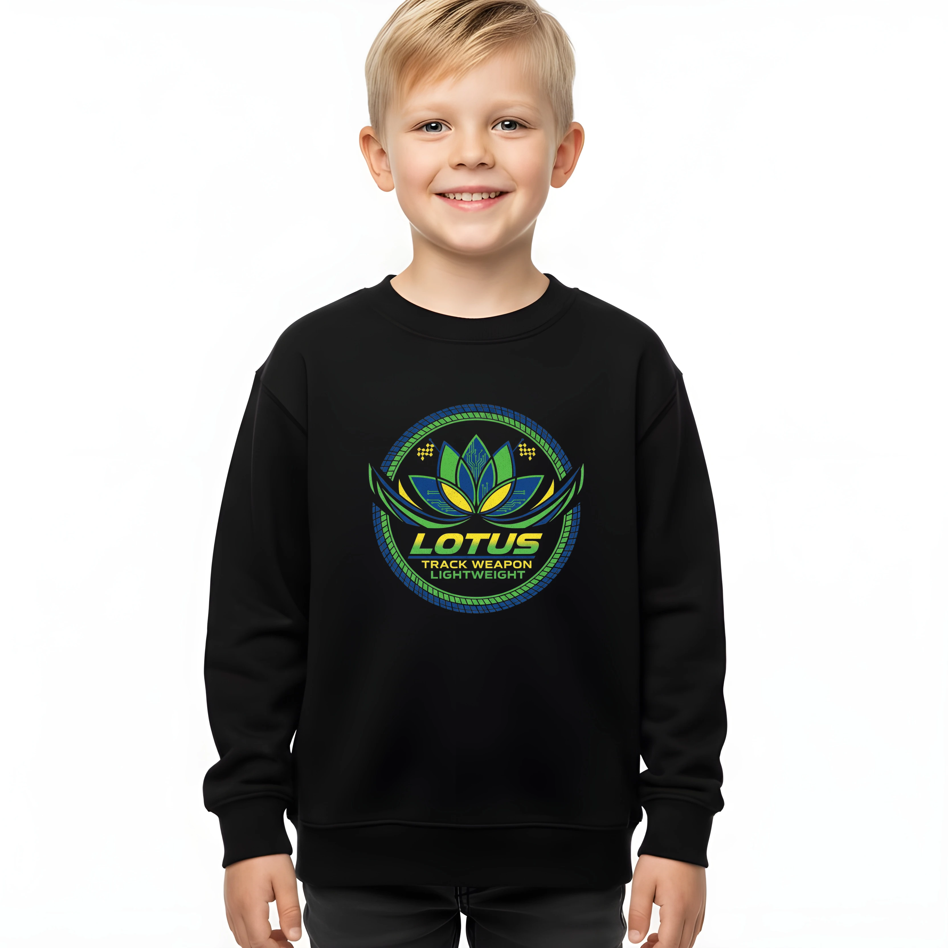 kids_sweatshirt_black_Lotus_Lehký_Závodní_Symbol_Digitální_Lotos_Pneumatický_Okruh_A_Rychlost_Black