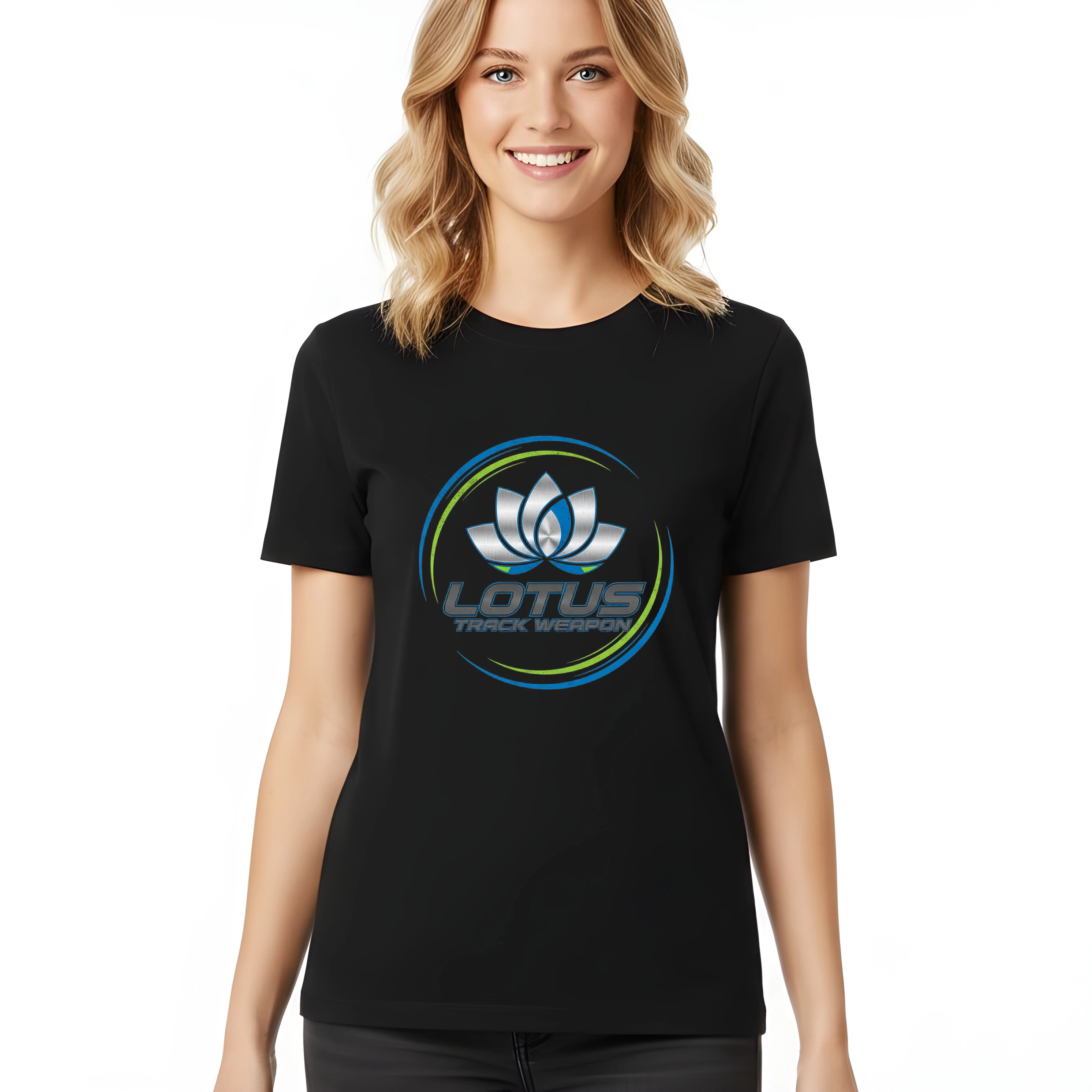 woman_tshirt_black_Lotus_Kovový_Lotos_Okruhová_Síla_Rychlost_A_Precizní_Styl_Black