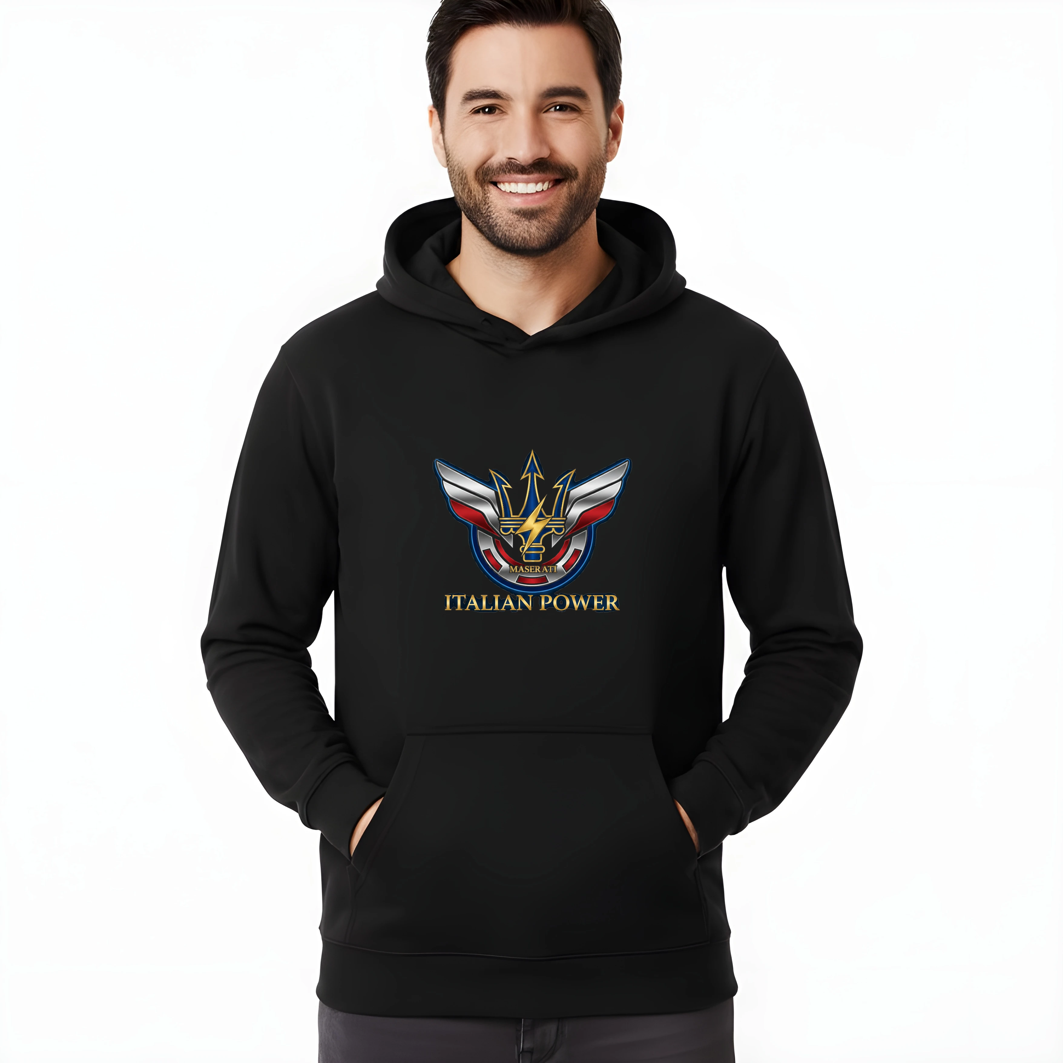 hoodie_black_Mistrovský_Italský_Trojzubec_Maserati_Síla_Italian_Power_V_Lesklém_Štítu_Black