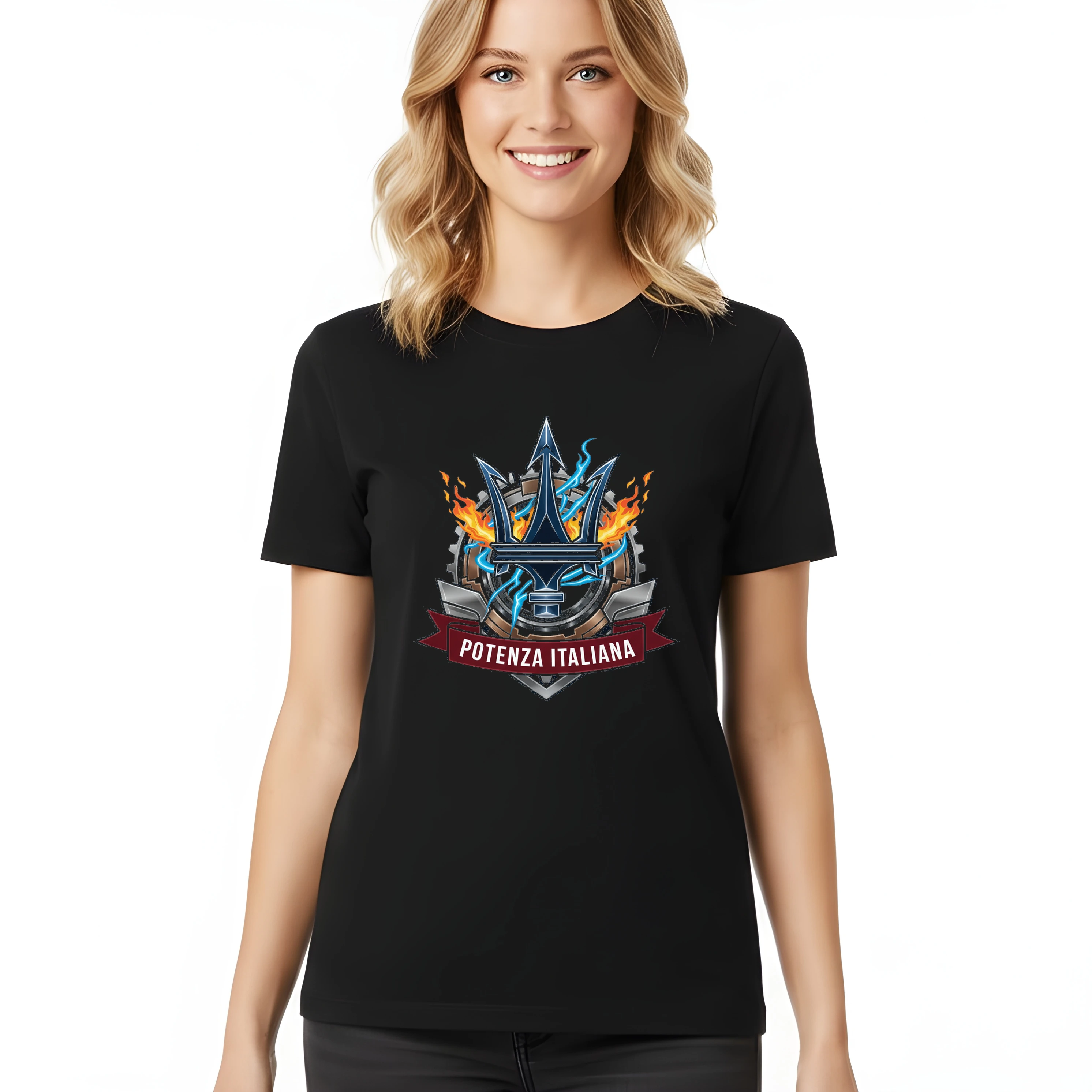 woman_tshirt_black_Italský_Trojzubec_Ohnivá_Síla_Blesků_A_Strojní_Energie_Black