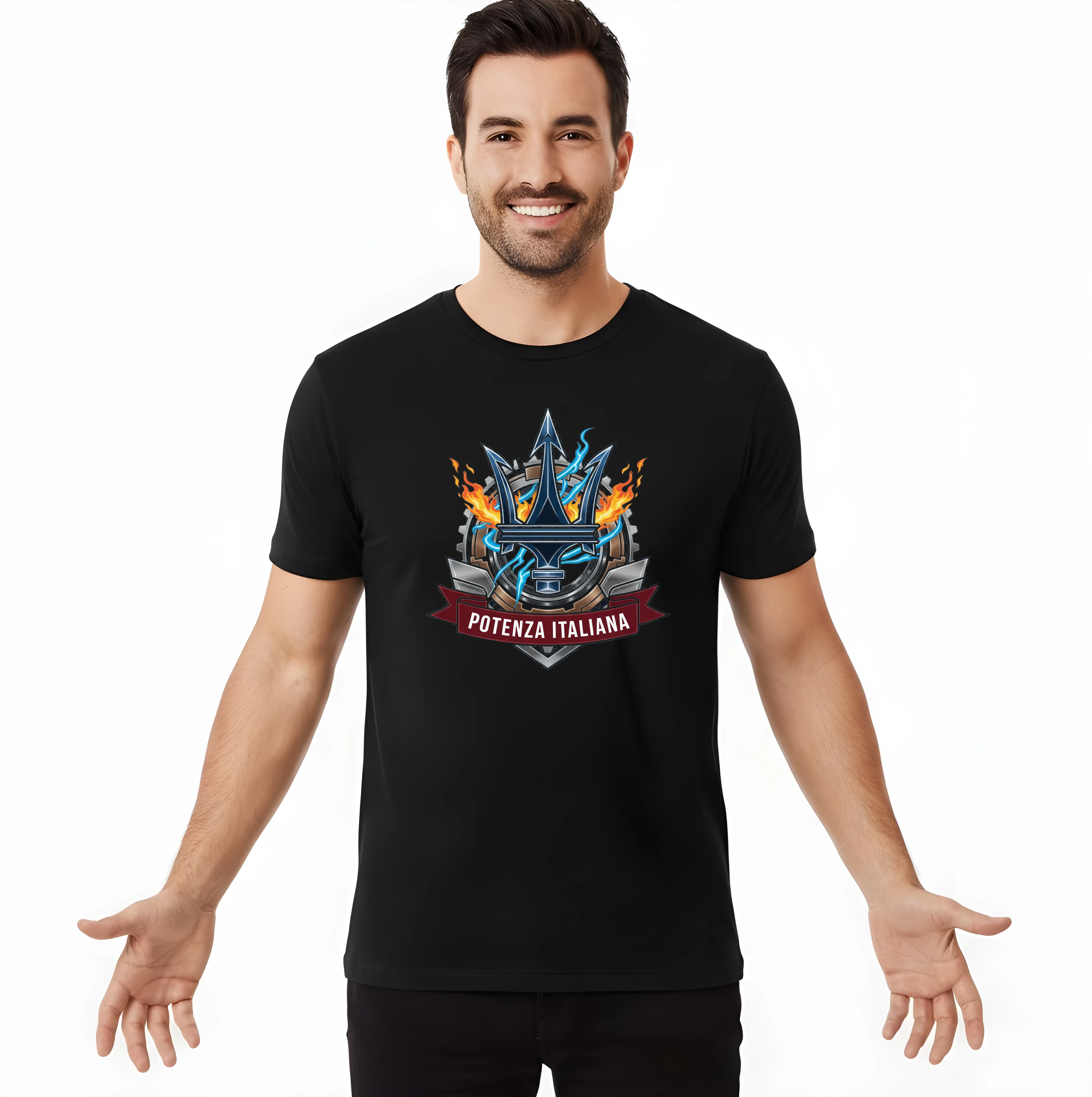 men_tshirt_black_Italský_Trojzubec_Ohnivá_Síla_Blesků_A_Strojní_Energie_Black