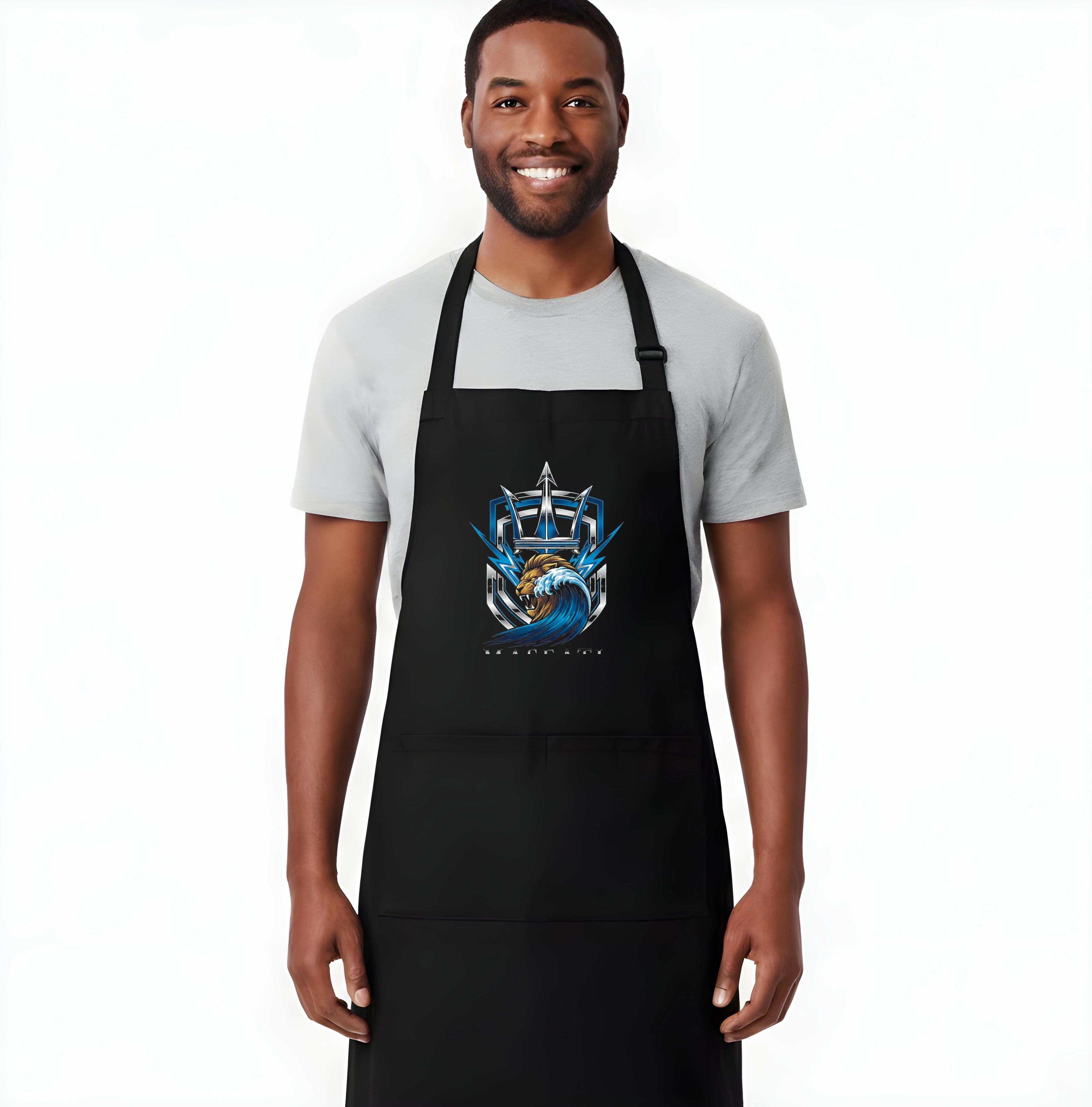apron_black_Královský_Třízubec_Lví_Síla_Oceánská_Vlna_A_Elektrické_Blesky_Black