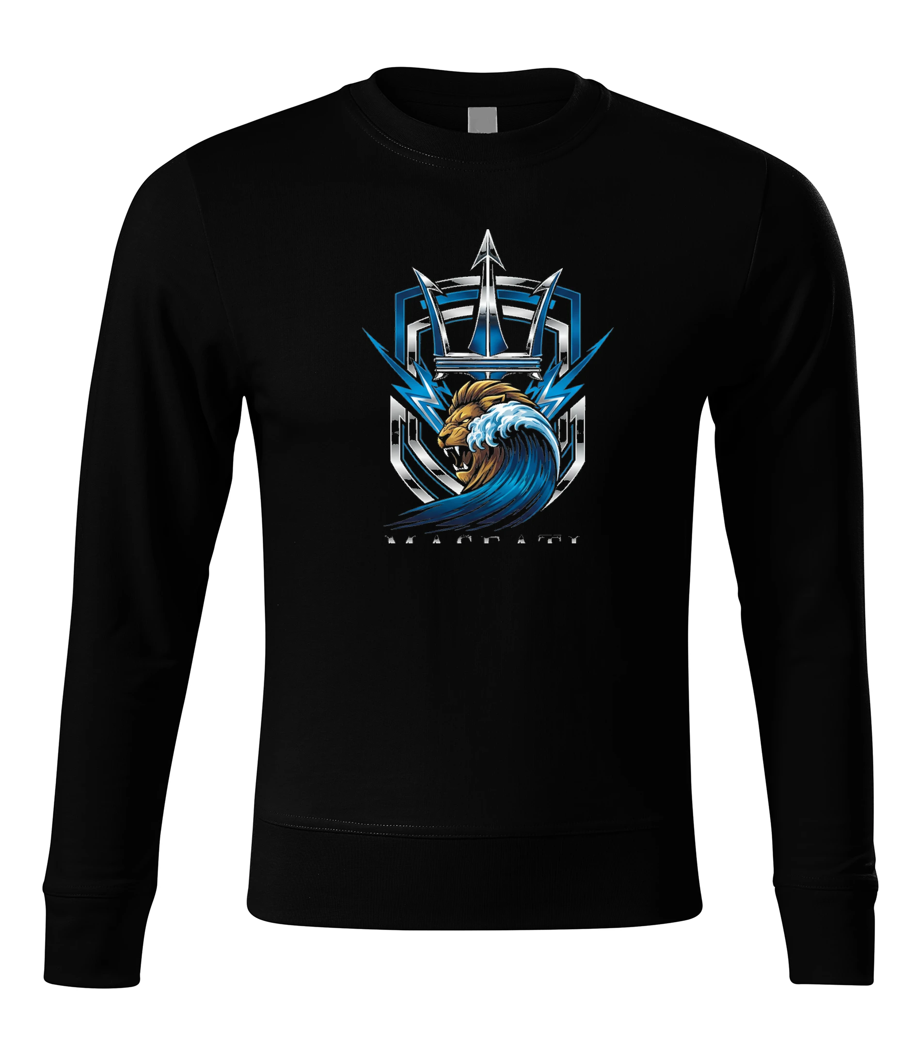 sweatshirt_black_Královský_Třízubec_Lví_Síla_Oceánská_Vlna_A_Elektrické_Blesky_Black