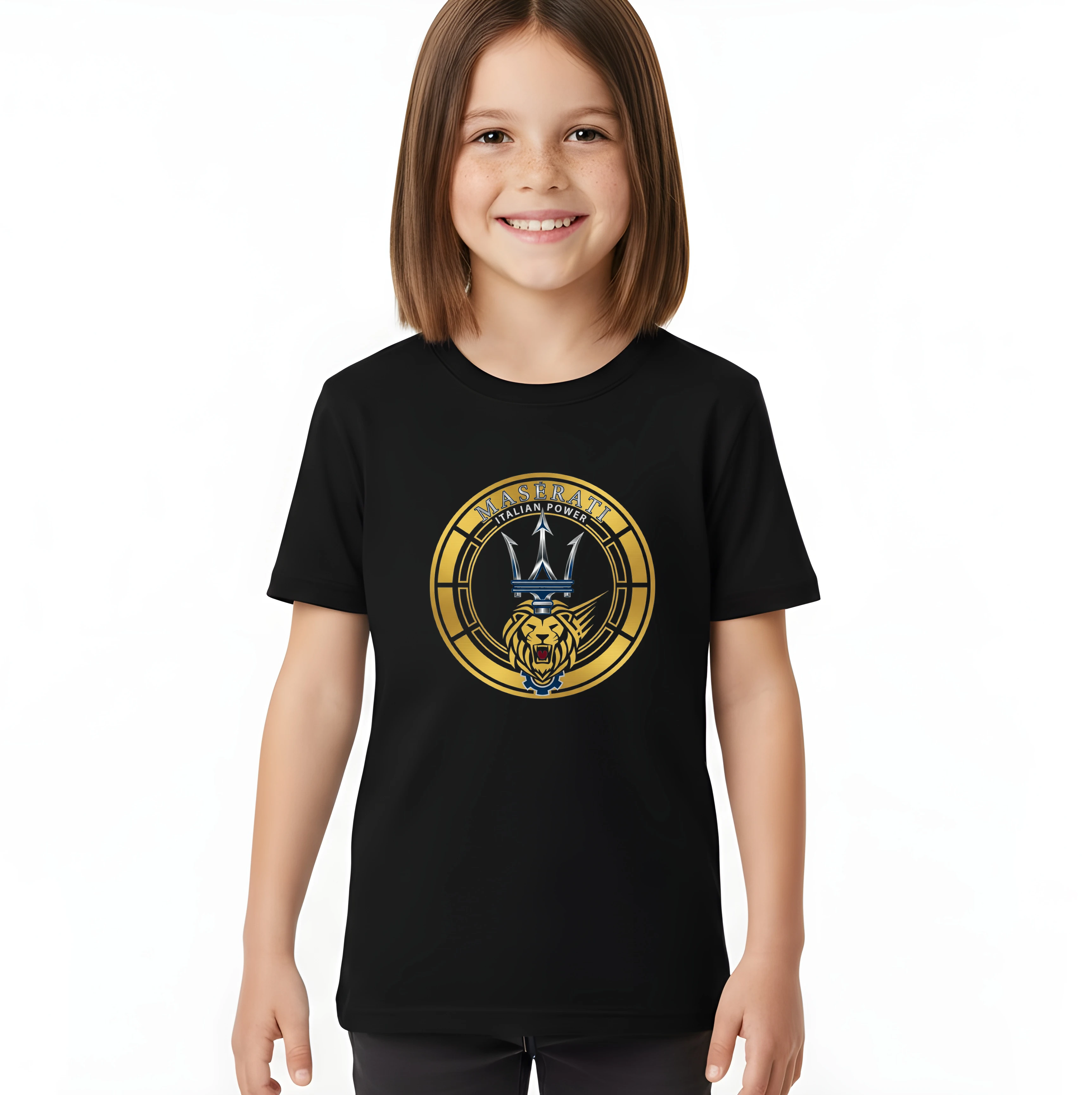 kids_tshirt_black_Maserati_Zlatý_Trojzubec_A_Řvoucí_Lev_Italská_Výkonová_Ikona_Black