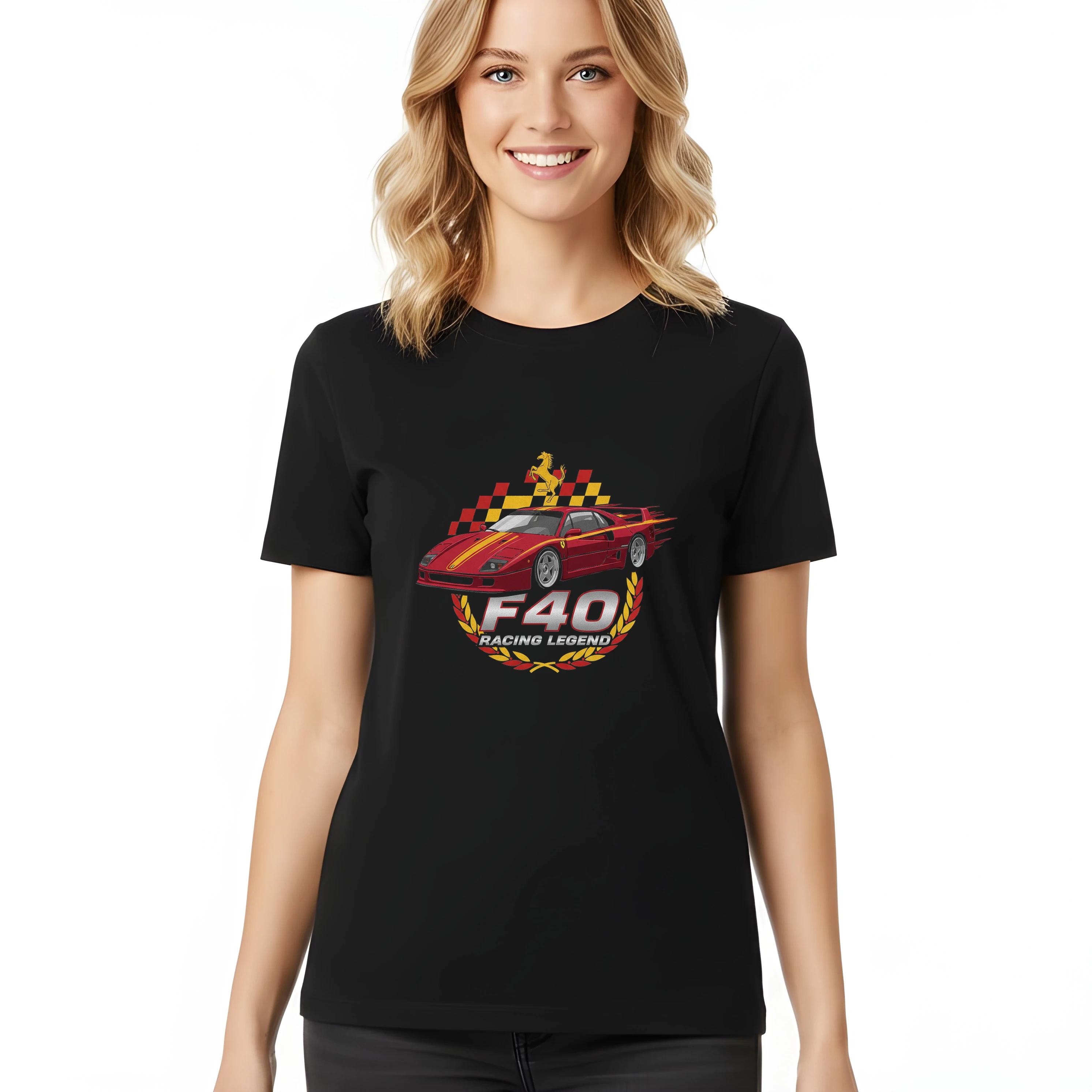 woman_tshirt_black_Legendární_F40_Racing_Legend_Plameny_Rychlost_A_Vášeň_Black