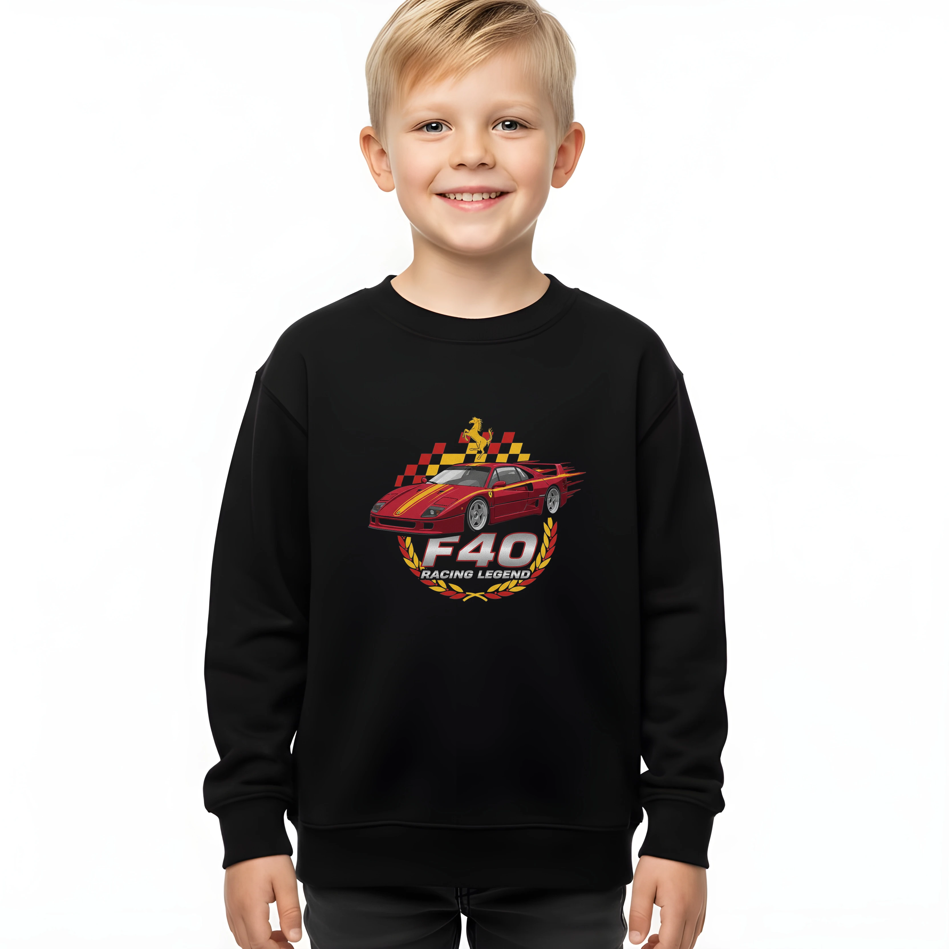 kids_sweatshirt_black_Legendární_F40_Racing_Legend_Plameny_Rychlost_A_Vášeň_Black