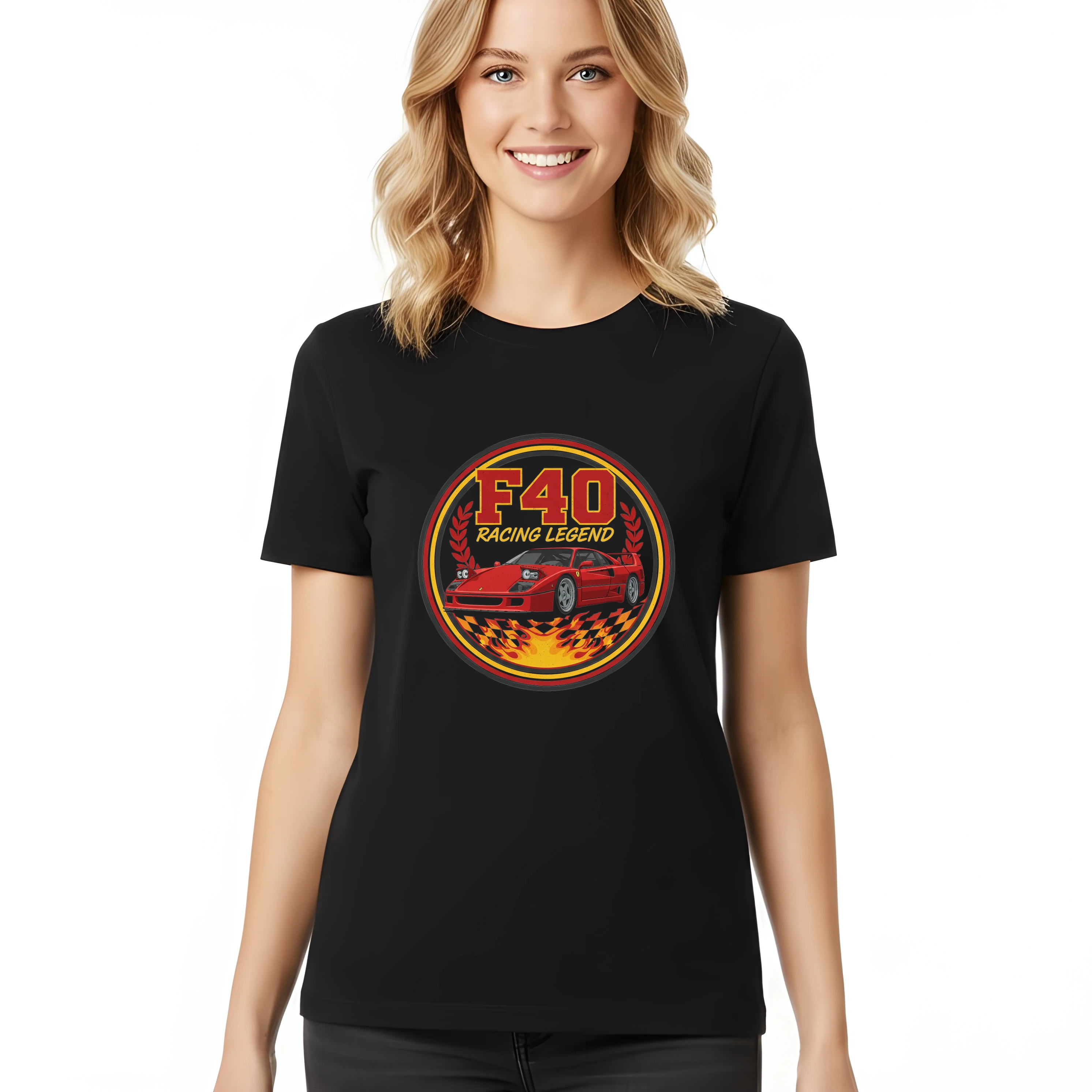 woman_tshirt_black_Ferrari_F40_Racing_Legend_Plamenná_Ikona_Závodních_Tratí_Black