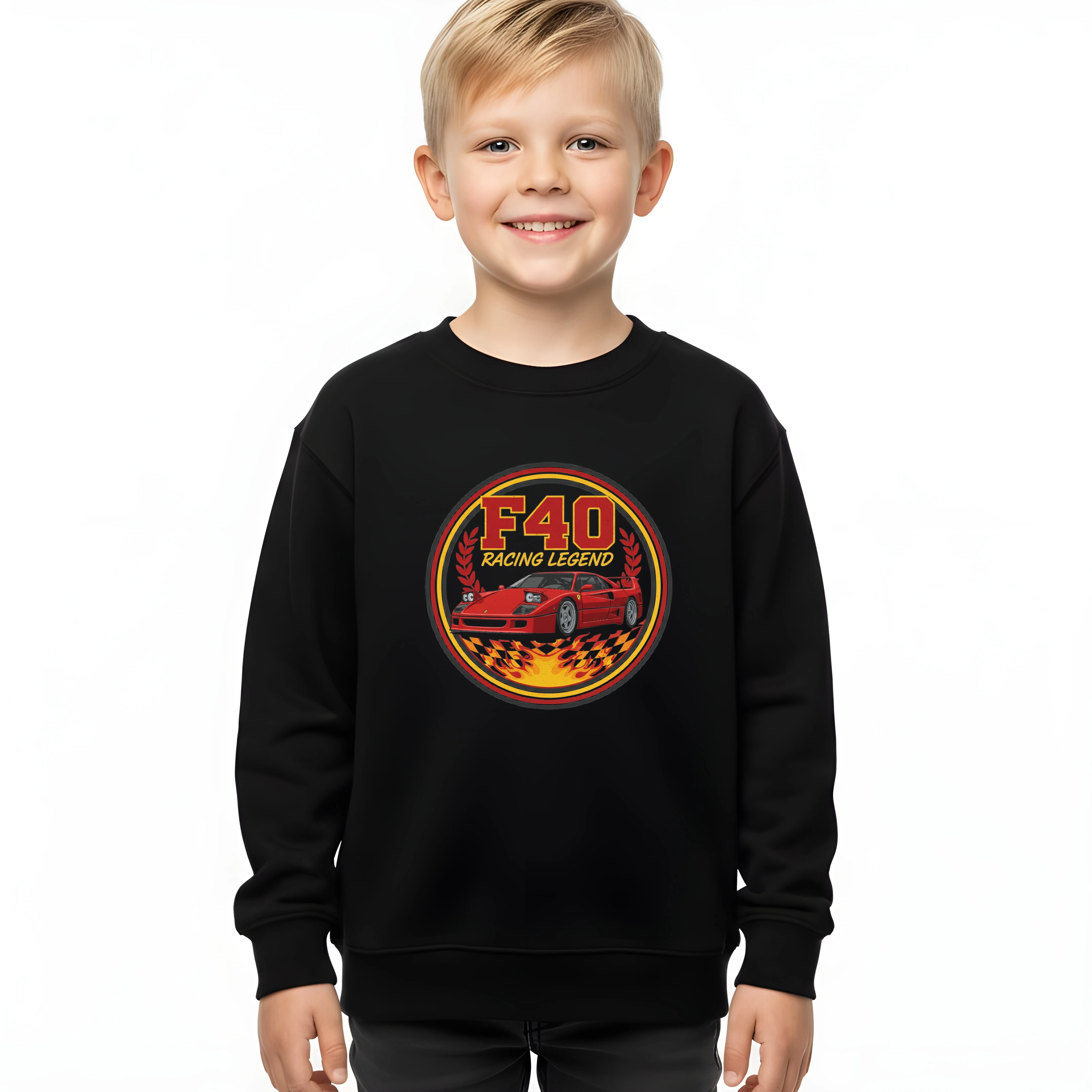 kids_sweatshirt_black_Ferrari_F40_Racing_Legend_Plamenná_Ikona_Závodních_Tratí_Black