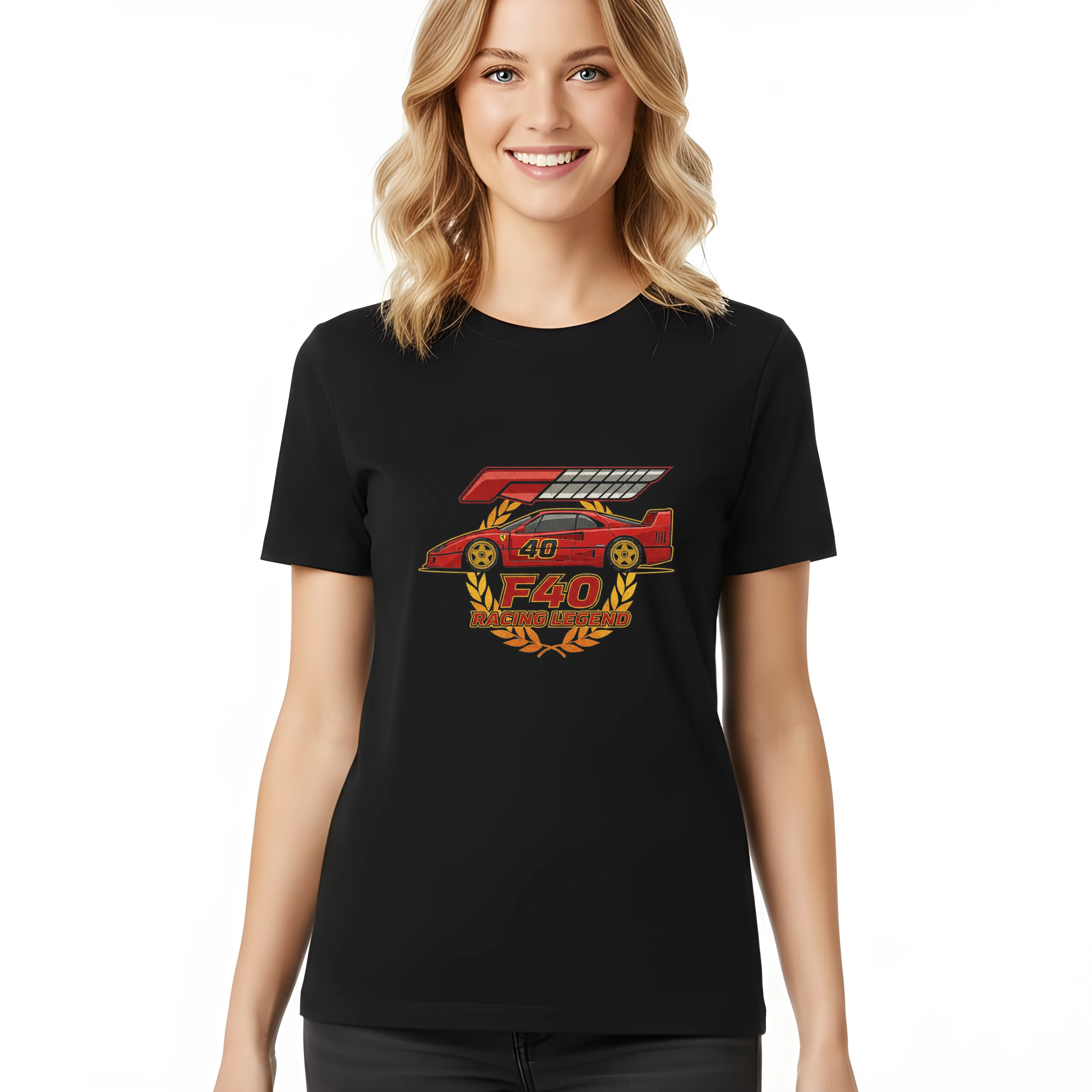 woman_tshirt_black_Rudá_Ikona_Závodů_Ferrari_F40_Racing_Legend_S_Vavřínem_A_Křídlem_Black