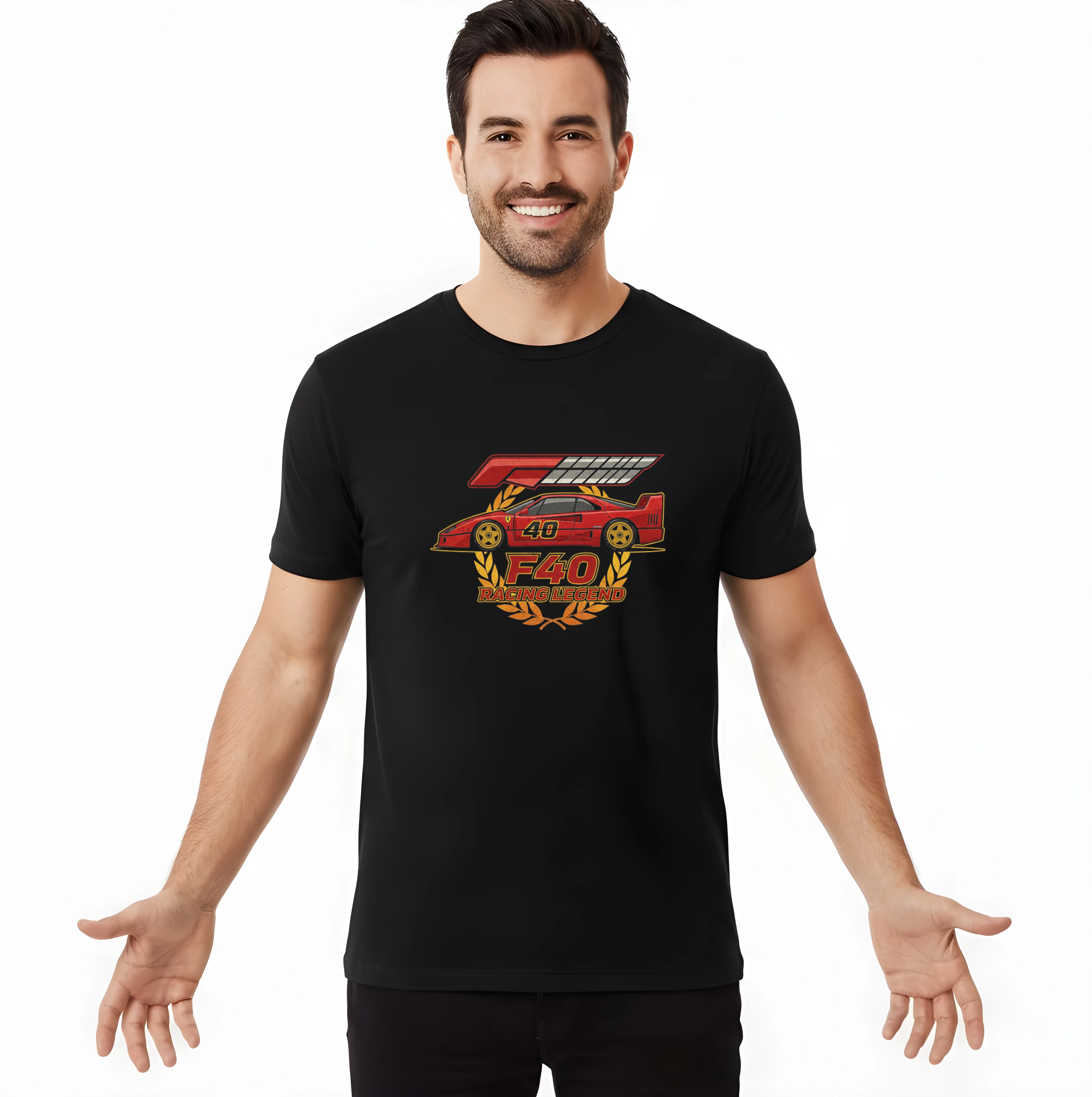 men_tshirt_black_Rudá_Ikona_Závodů_Ferrari_F40_Racing_Legend_S_Vavřínem_A_Křídlem_Black