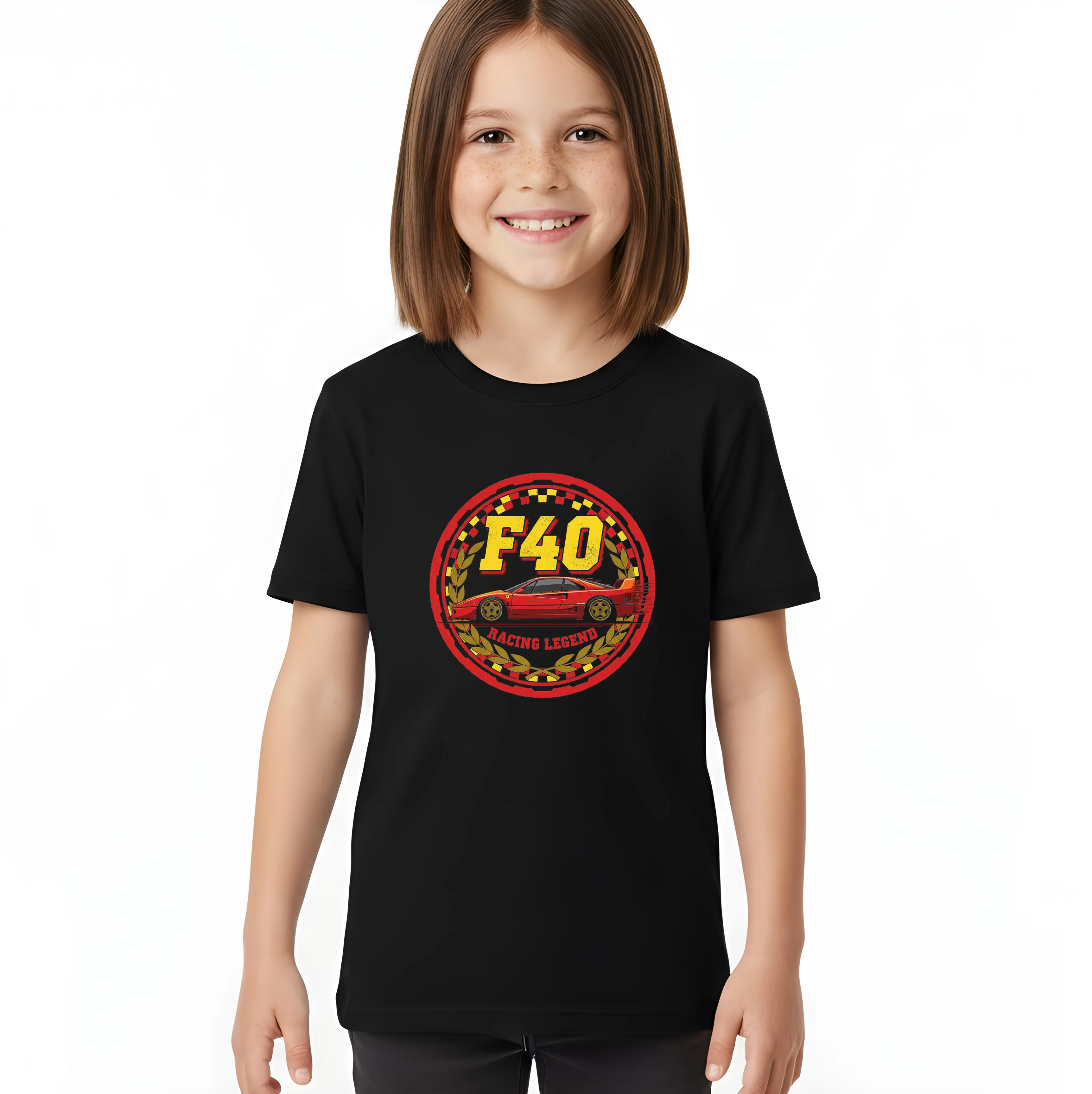 kids_tshirt_black_Ikonická_Ferrari_F40_Červená_Racing_Legend_Rychlá_Závodní_Vášeň_Black