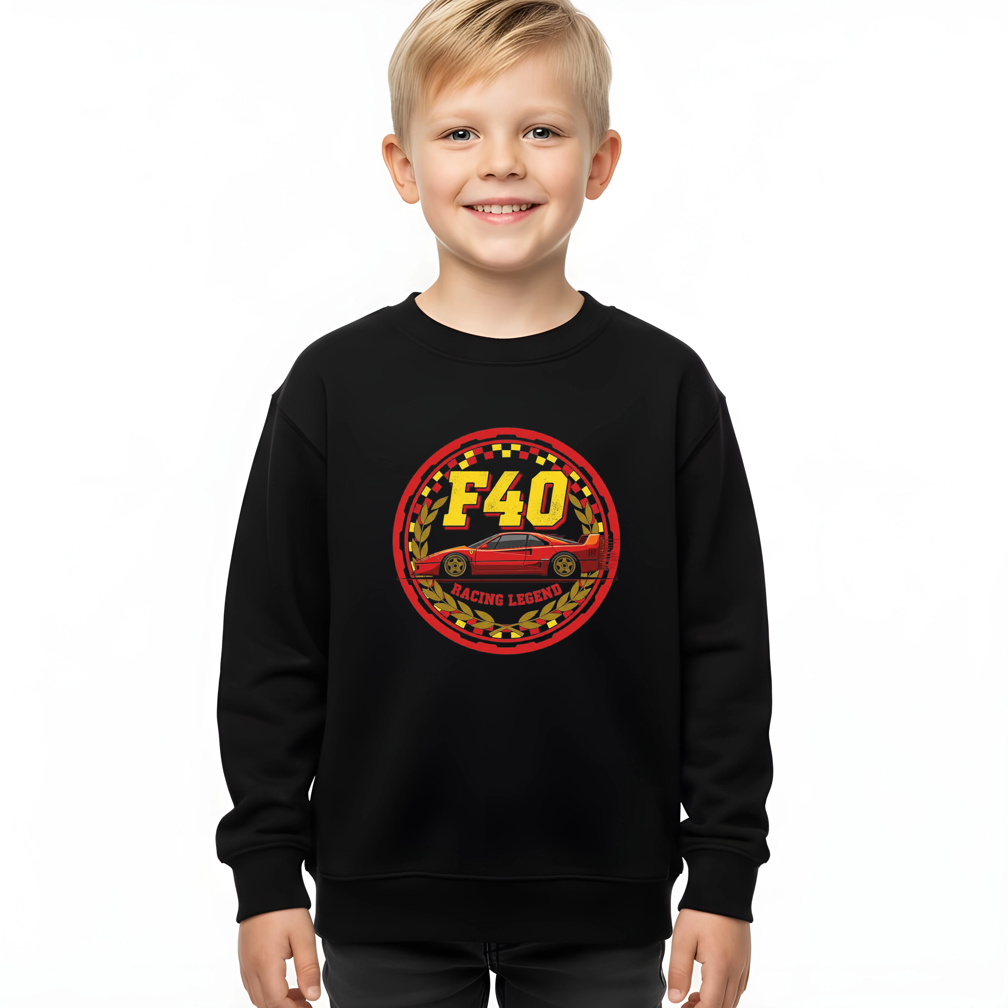 kids_sweatshirt_black_Ikonická_Ferrari_F40_Červená_Racing_Legend_Rychlá_Závodní_Vášeň_Black