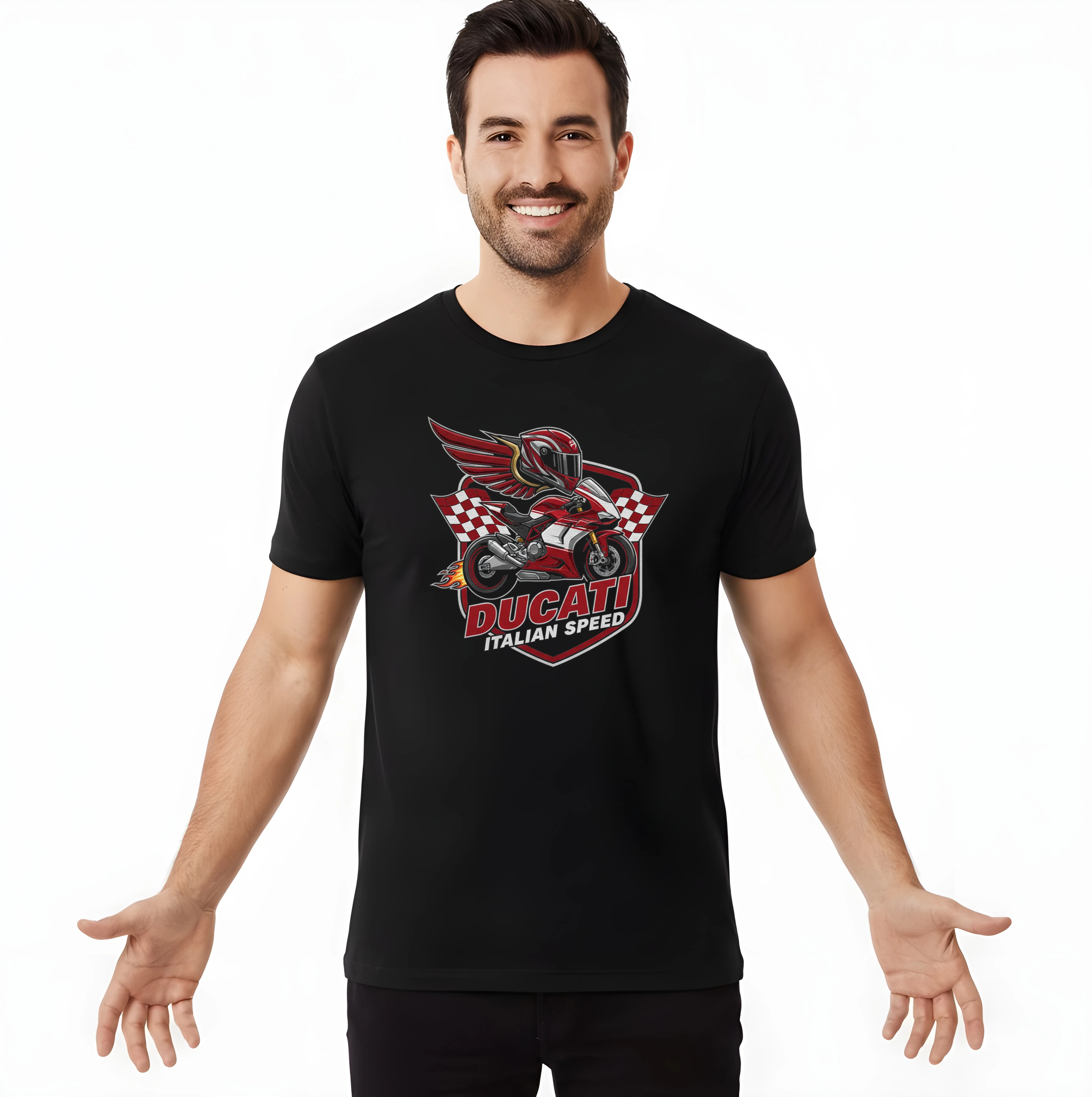 men_tshirt_black_Ducati_Italská_Síla_Rychlosti_Okřídlený_Motocykl_A_Šachovnicový_Vítěz_Black