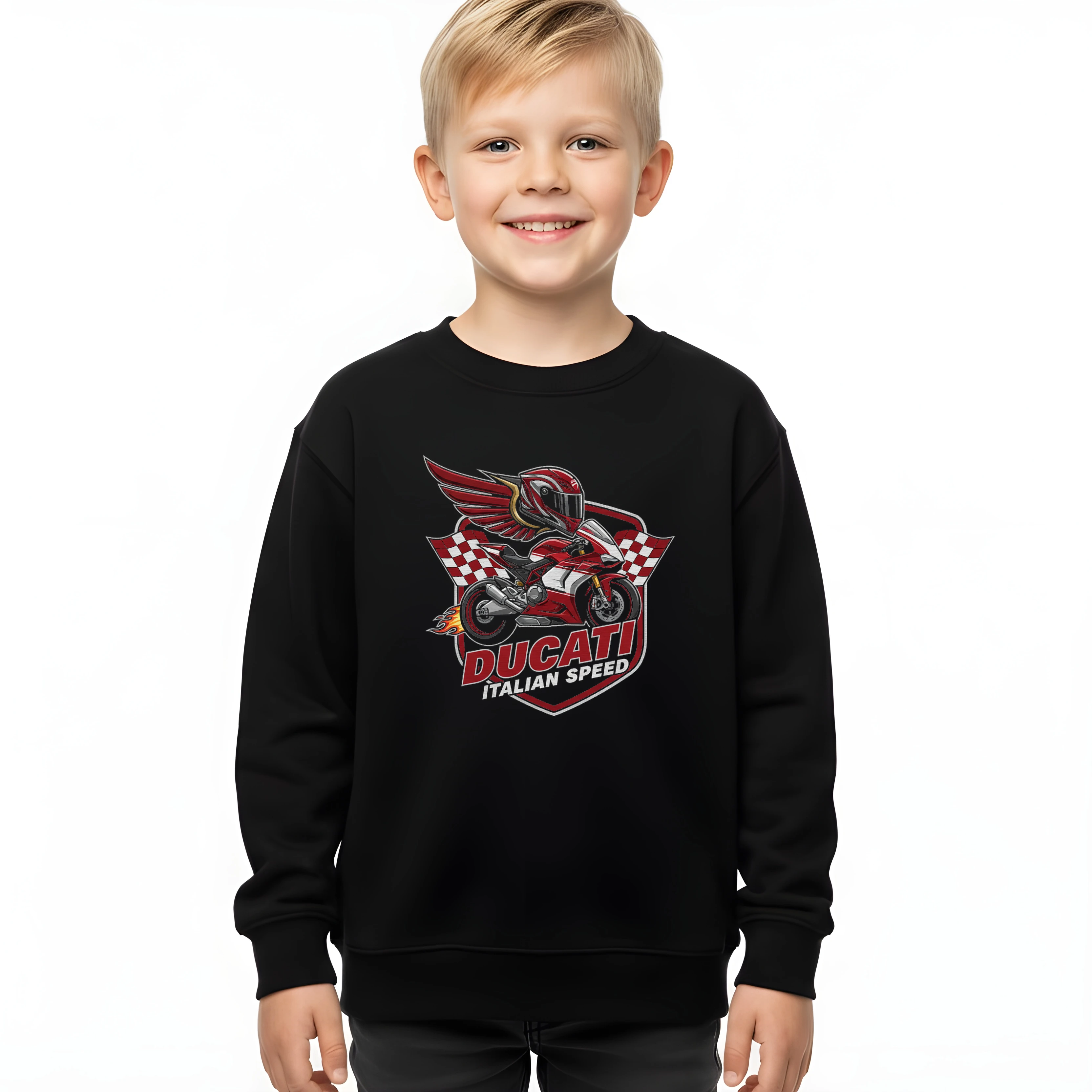 kids_sweatshirt_black_Ducati_Italská_Síla_Rychlosti_Okřídlený_Motocykl_A_Šachovnicový_Vítěz_Black