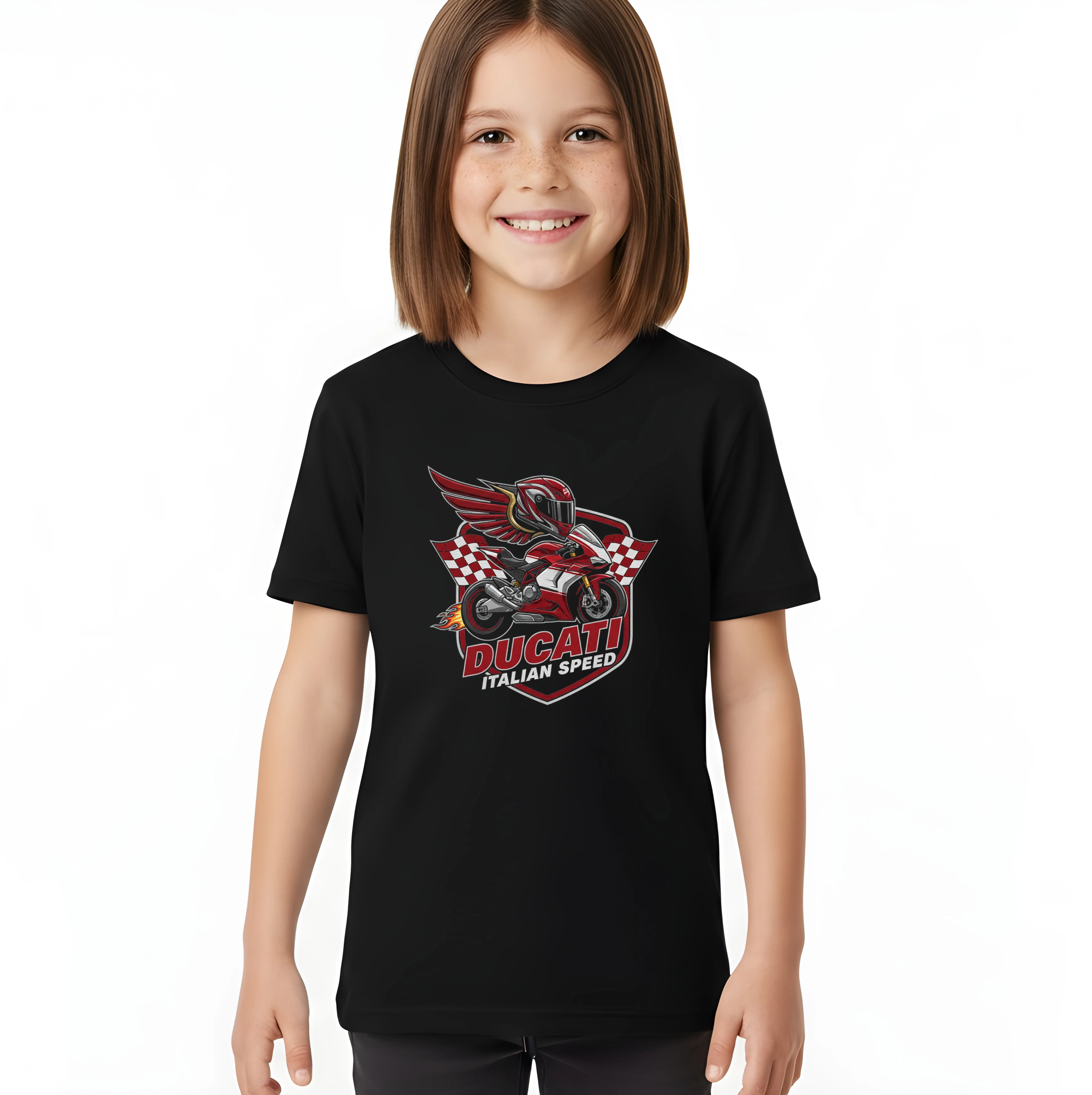 kids_tshirt_black_Ducati_Italská_Síla_Rychlosti_Okřídlený_Motocykl_A_Šachovnicový_Vítěz_Black