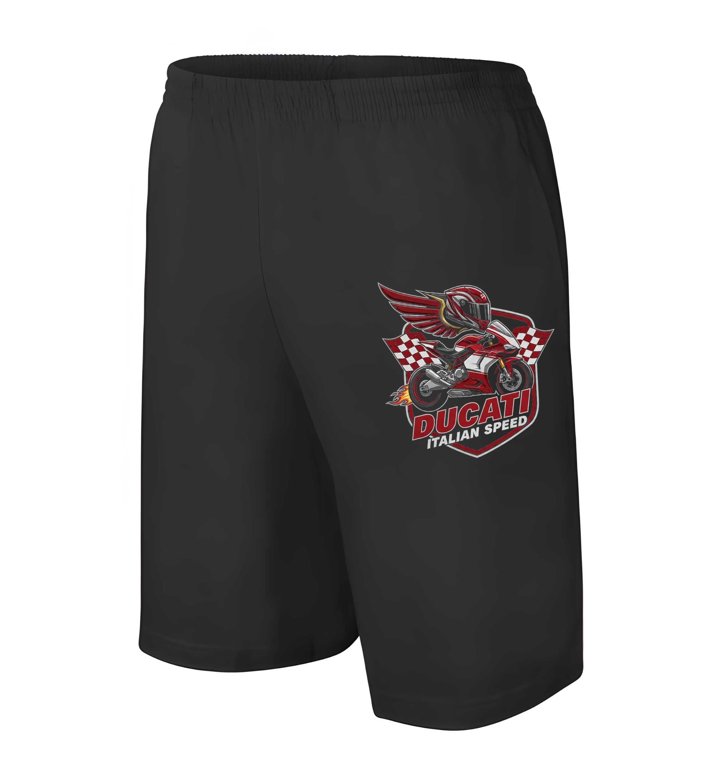 men_shorts_black_Ducati_Italská_Síla_Rychlosti_Okřídlený_Motocykl_A_Šachovnicový_Vítěz_Black