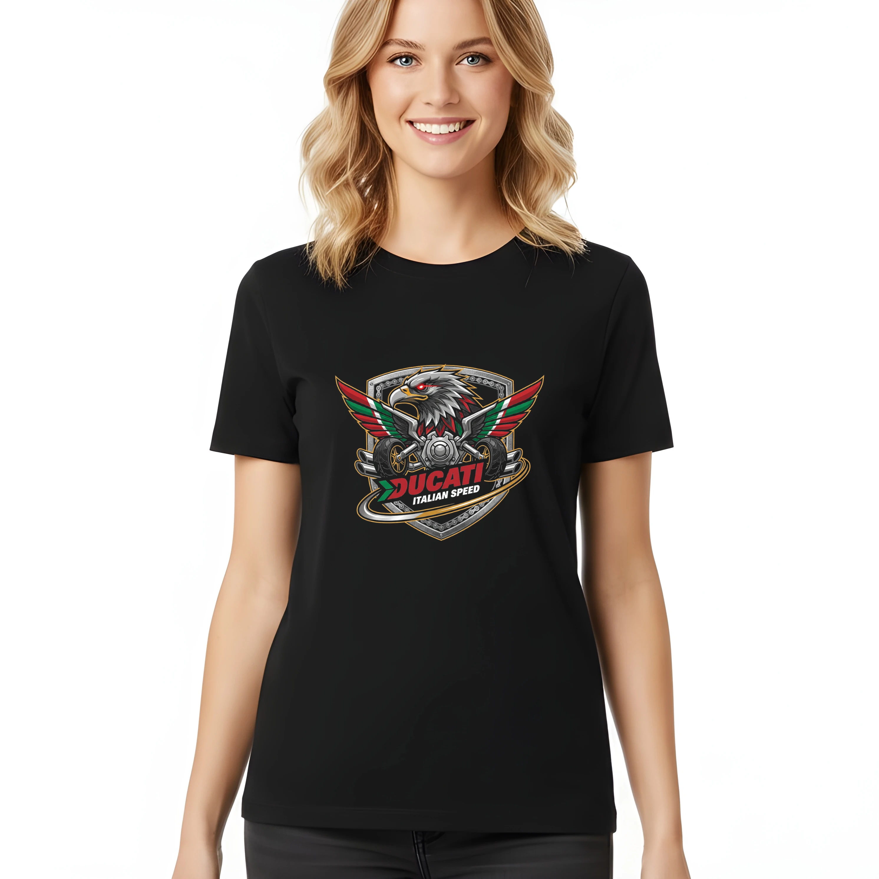 woman_tshirt_black_Ducati_Orel_Italská_Síla_Rychlost_A_Motocyklová_Vášeň_Black